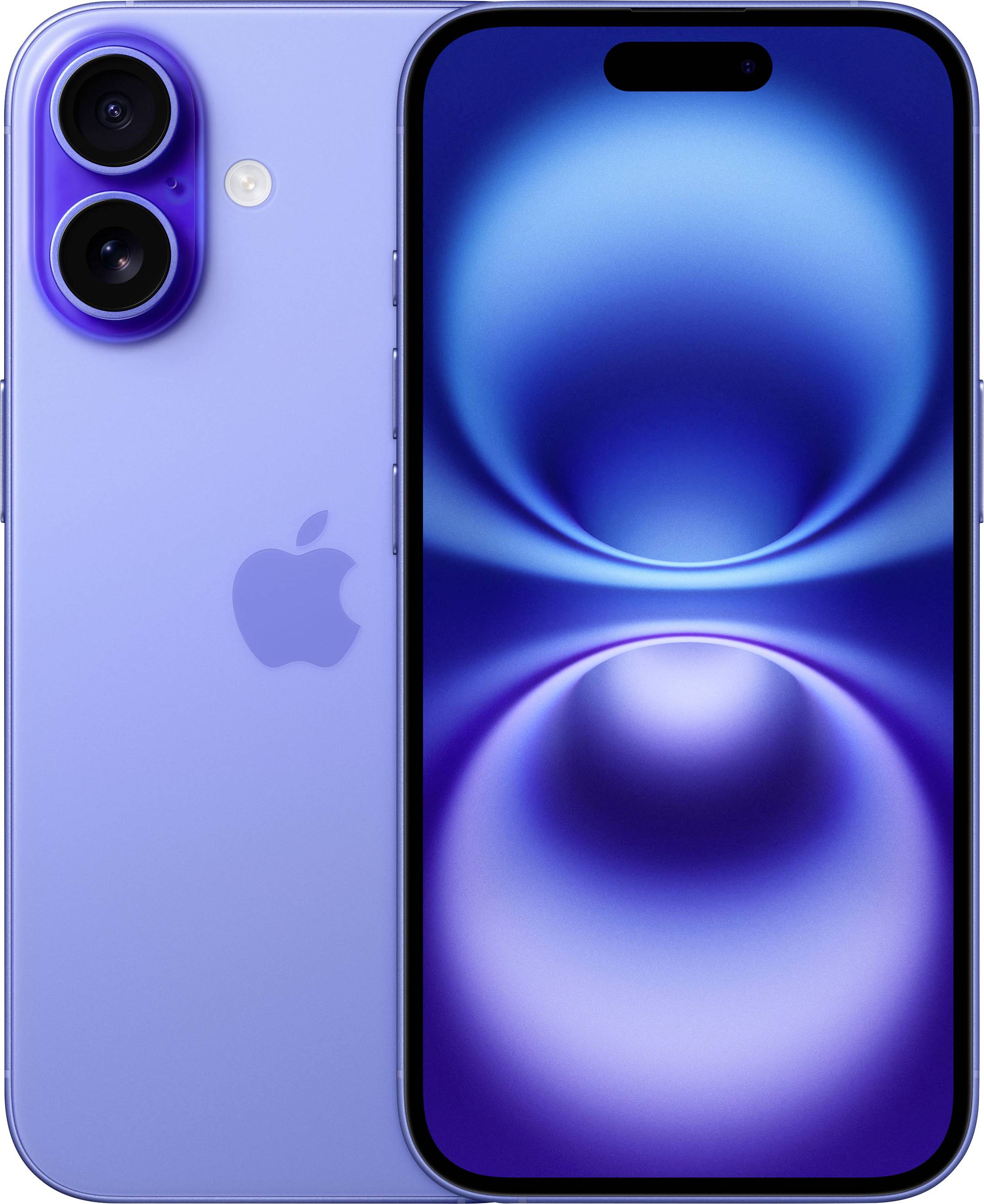 Ein Smartphone mit blauem Gehäuse. Der Bildschirm zeigt ein abstraktes blaues Muster. Links sind zwei Kameras sichtbar.