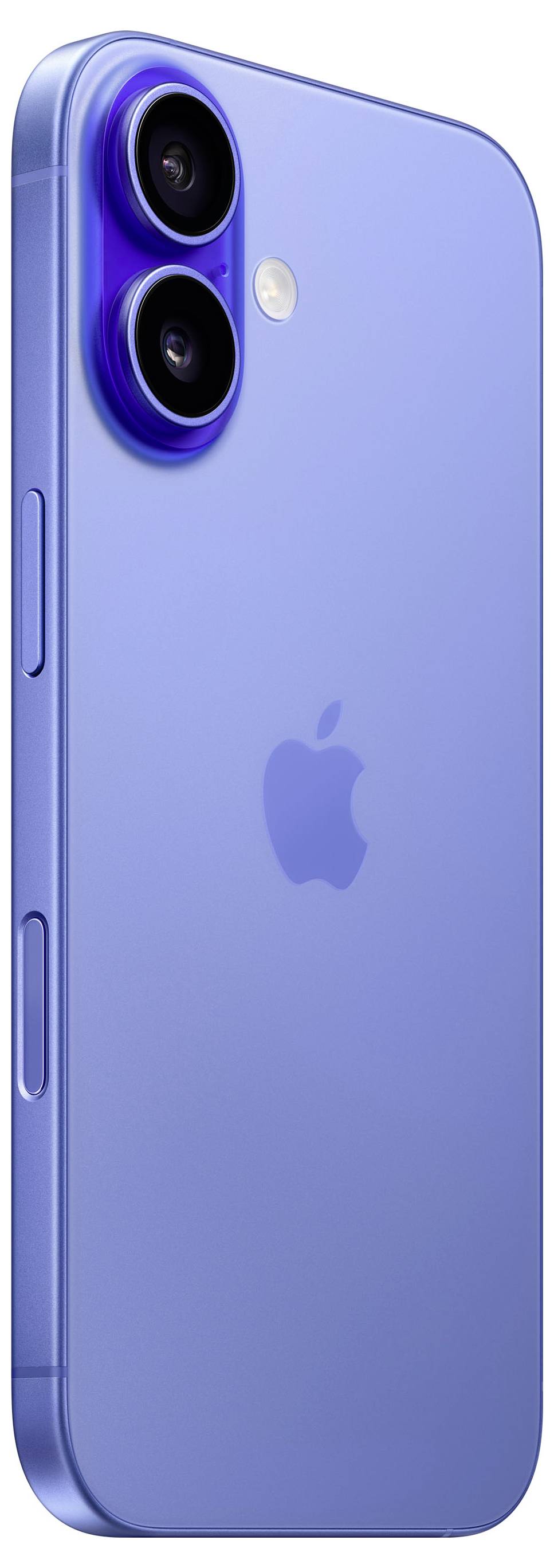 Das Bild zeigt ein blaues Smartphone in der Seitenansicht mit zwei Kameras auf der Rückseite und dem Apple-Logo in der Mitte.