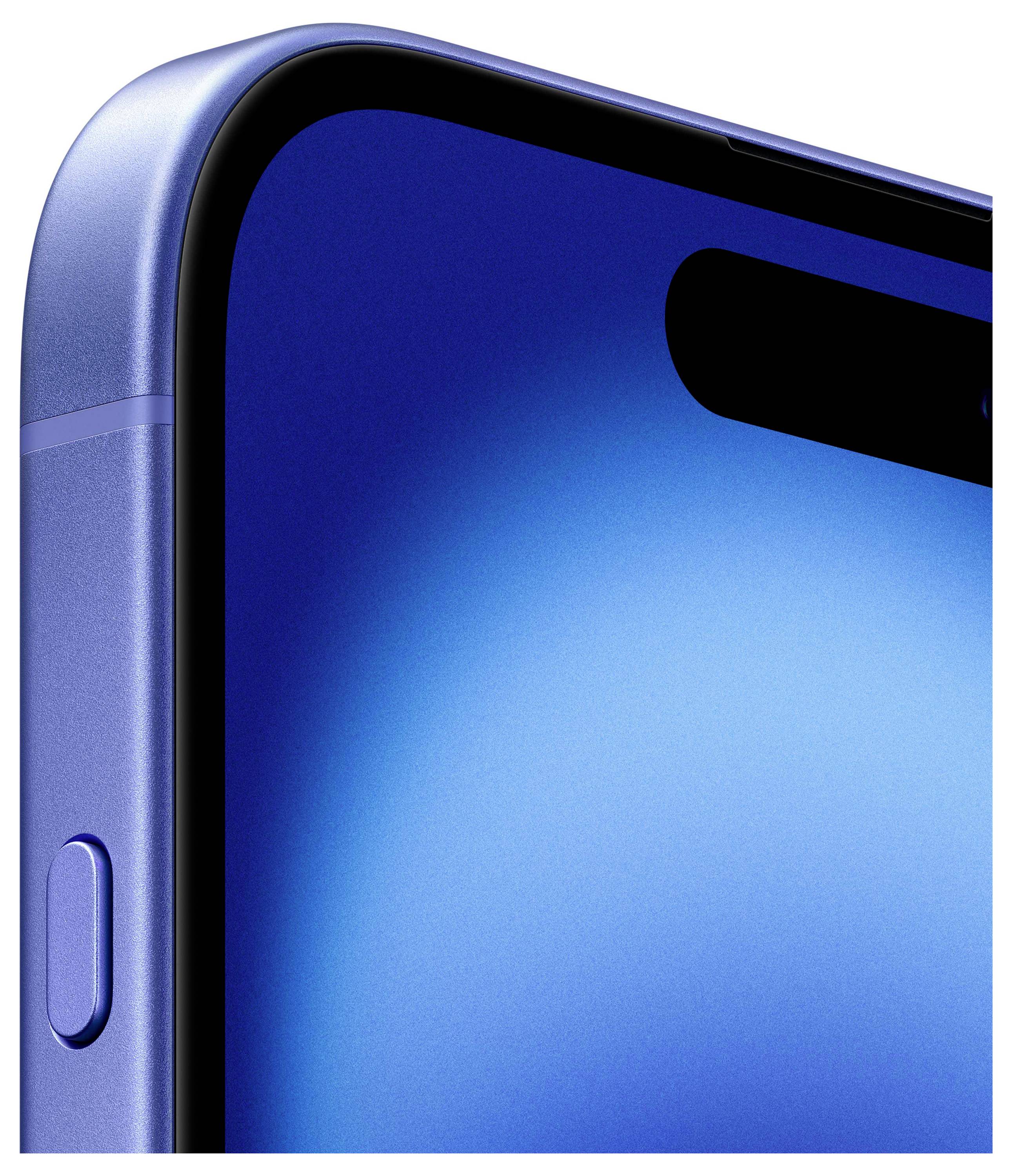 Die Nahaufnahme eines blauen Smartphones zeigt die obere Ecke mit dem Bildschirm, einem seitlichen Knopf und einer Kameraöffnung.