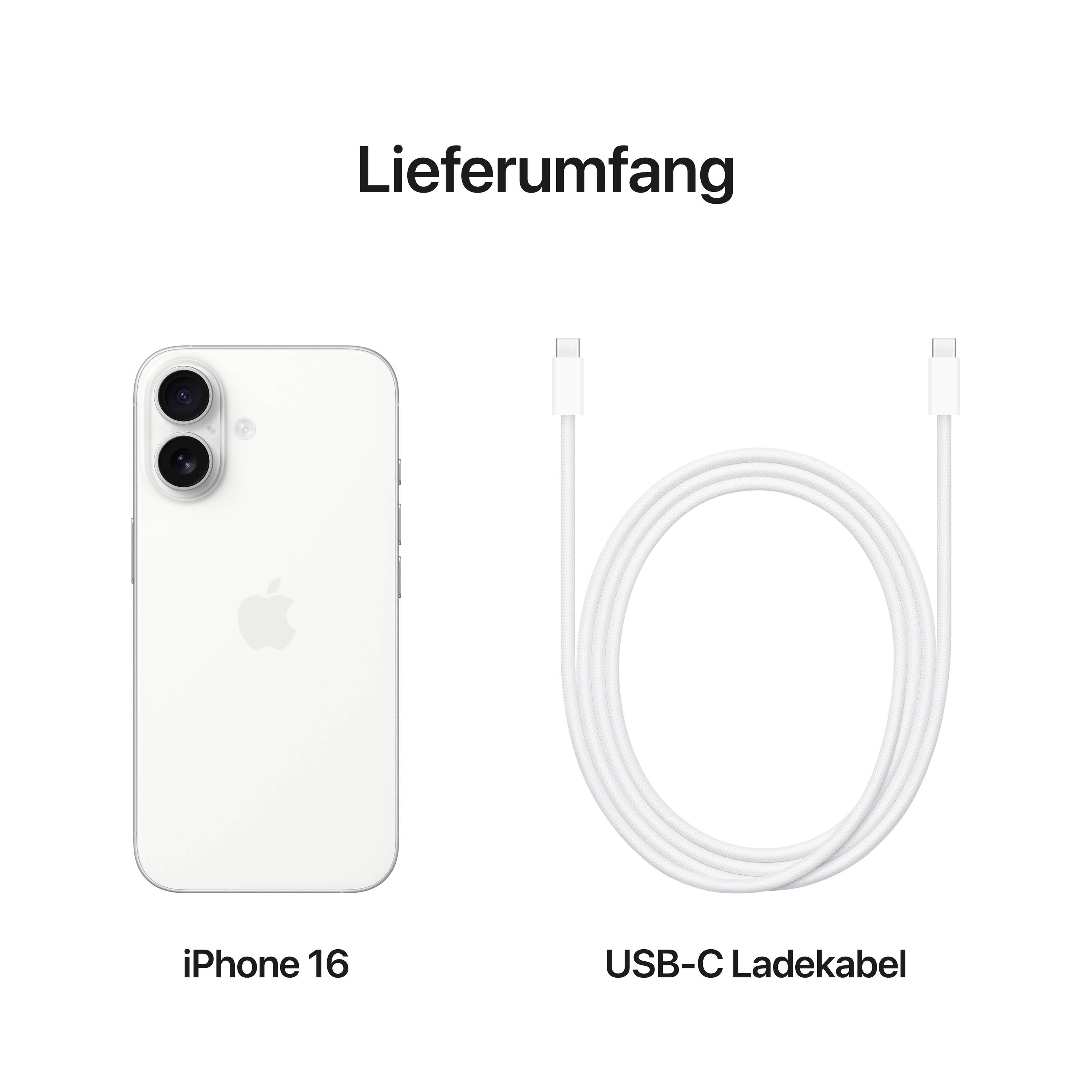 'Lieferumfang' zeigt ein iPhone 16 und ein USB-C Ladekabel.