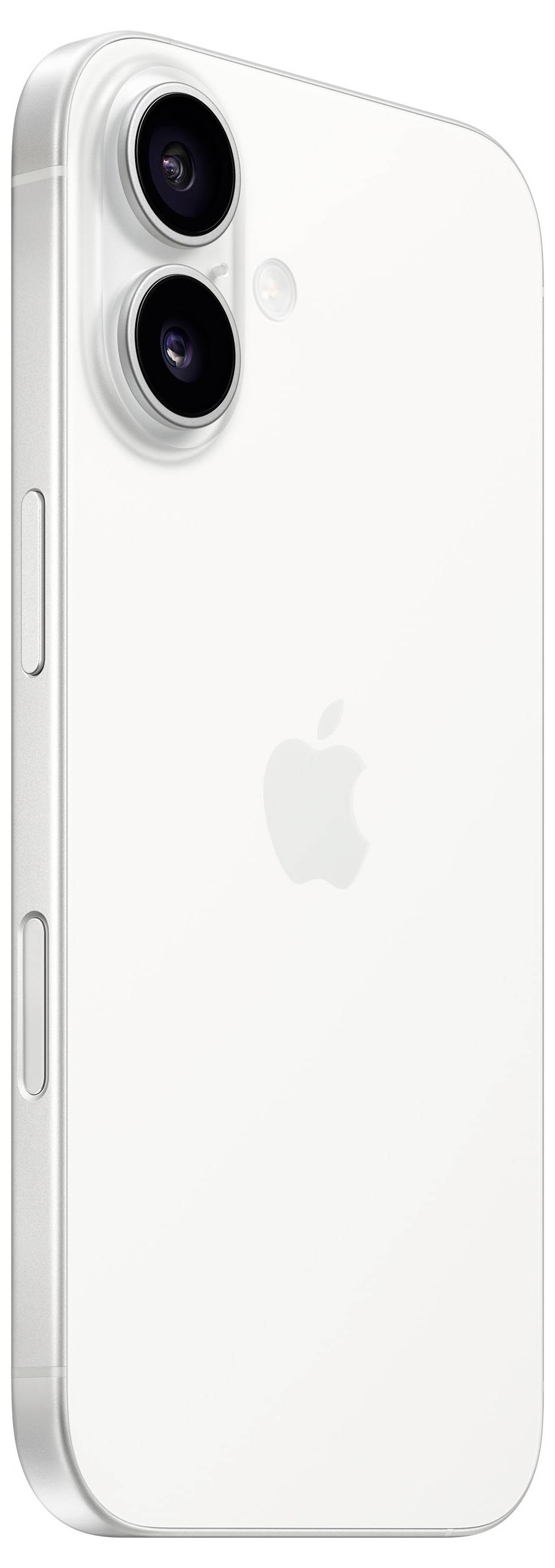 Ein weißes Smartphone mit zwei Kameralinsen und einem Apfel-Logo auf der Rückseite.