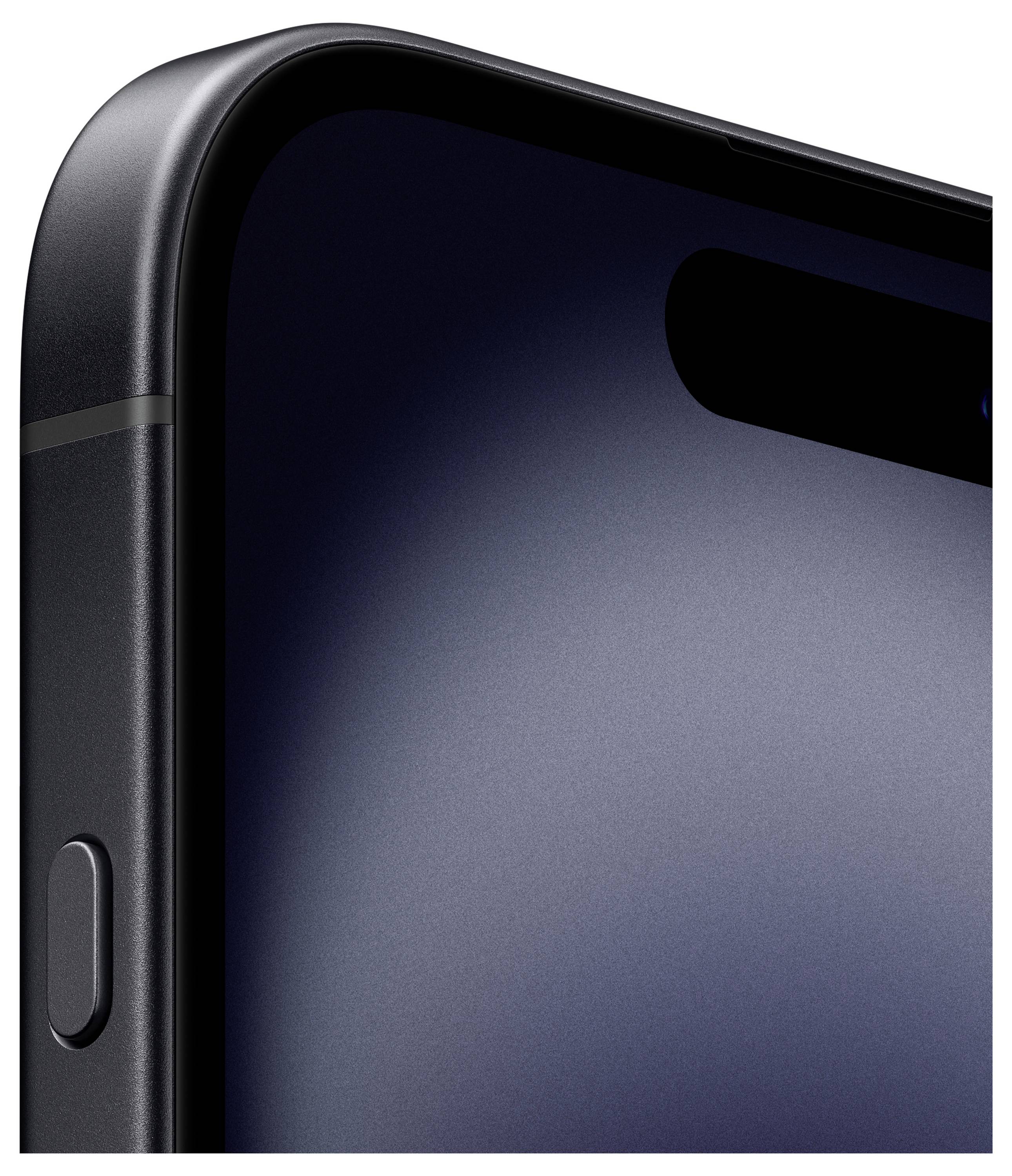 Nahaufnahme einer dunklen Ecke eines modernen Smartphones mit abgerundeten Ecken und einem sichtbaren Seitentaste.