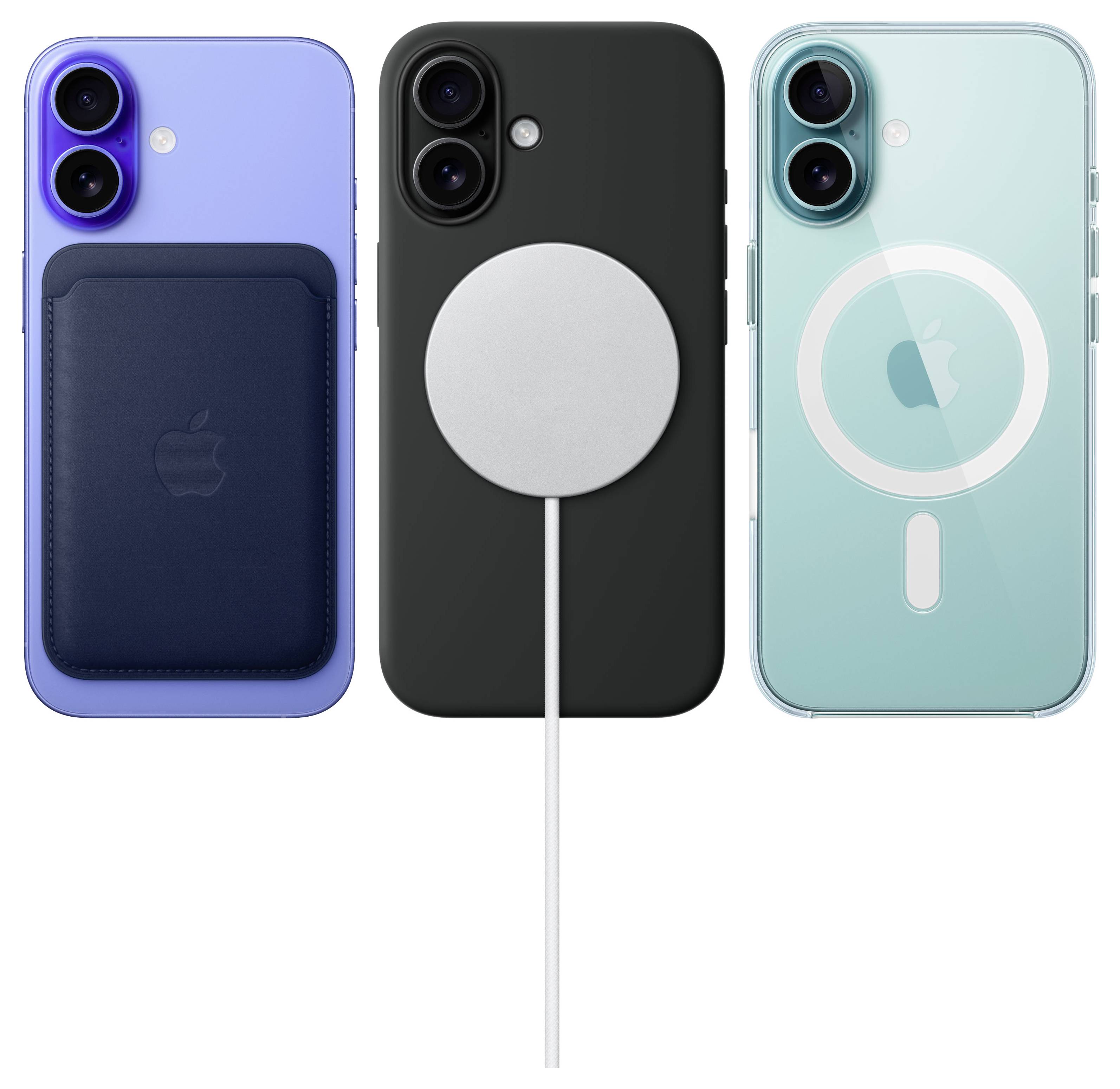 Drei iPhones von hinten: Blaues mit Kartenhalter, schwarzes mit Ladegerät, grünes mit transparentem Etui. Verschiedene Farben und Funktionen.