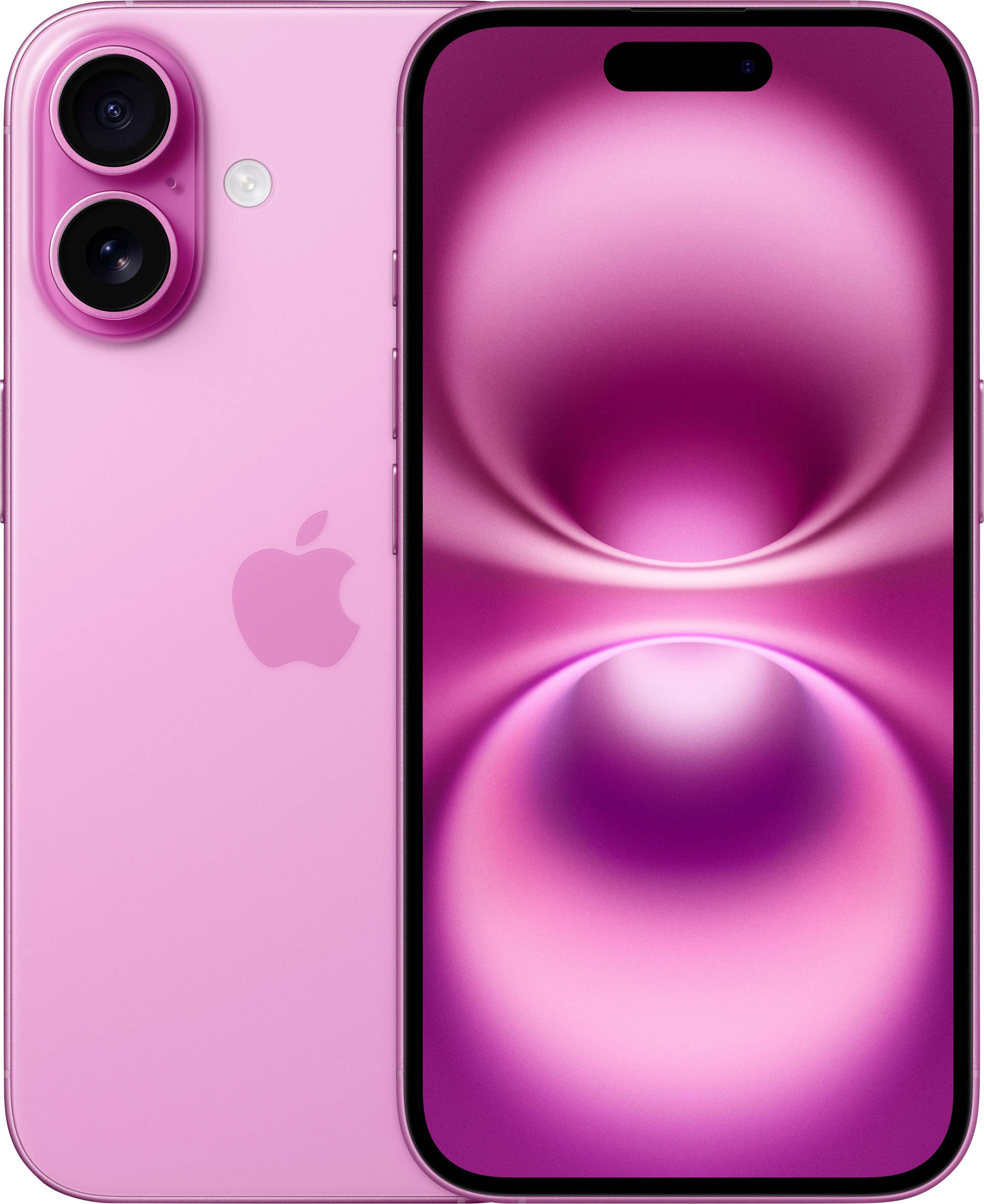 Ein rosa Smartphone mit zwei Kameralinsen und einem Display, das ein pink-weißes Muster zeigt. Markenlogo sichtbar auf der Rückseite.