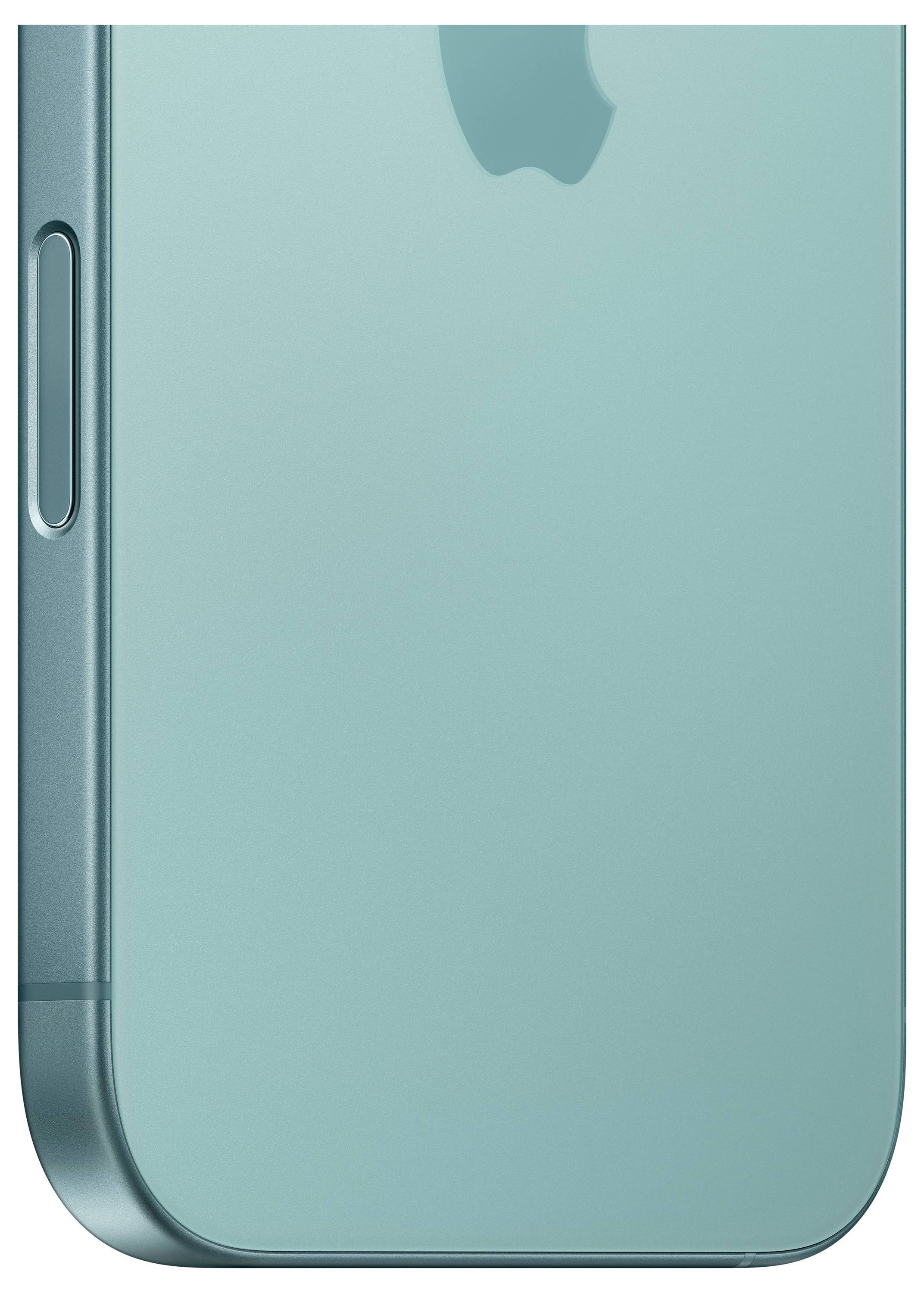 Ein Teil eines smartphones mit blauer Rückseite, zeigt eine Taste an der Seite. Oben ist ein leichtes Logo im Hintergrund sichtbar.