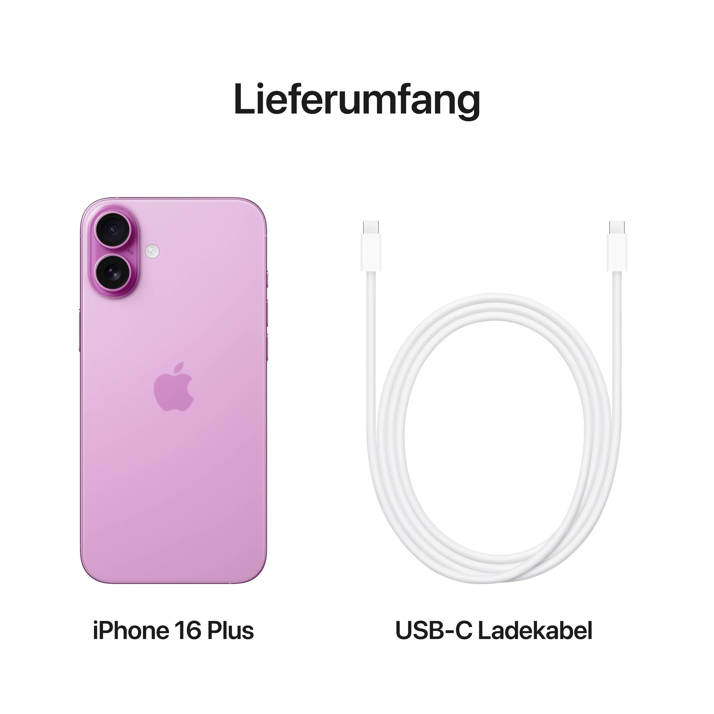 'Lieferumfang' zeigt ein rosa iPhone 16 Plus links und ein USB-C Ladekabel rechts.