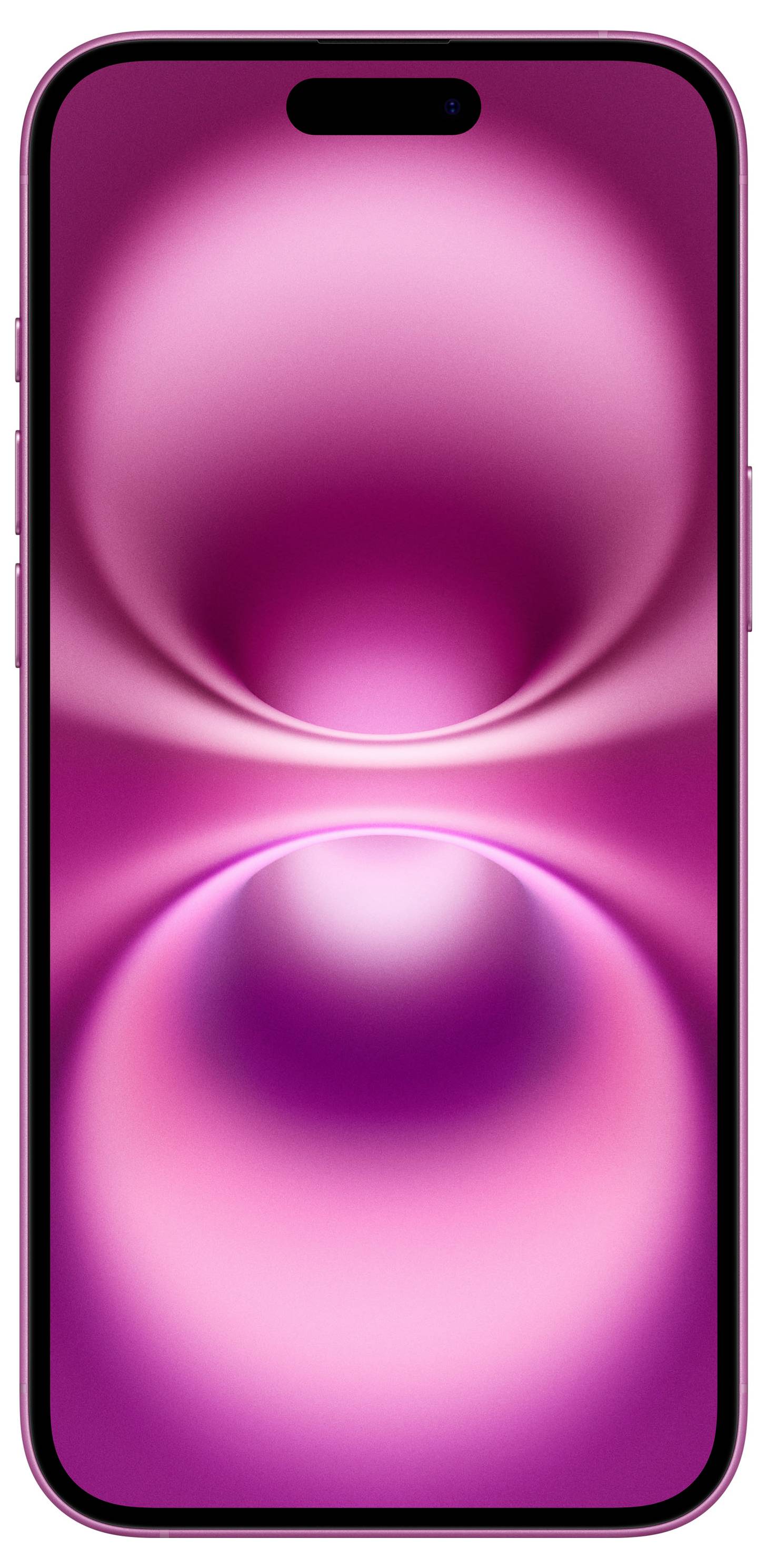 Ein Smartphone mit rosafarbenem Gehäuse und einem dynamischen Bildschirm-Hintergrund in rosa Farbtönen, Vorderansicht.