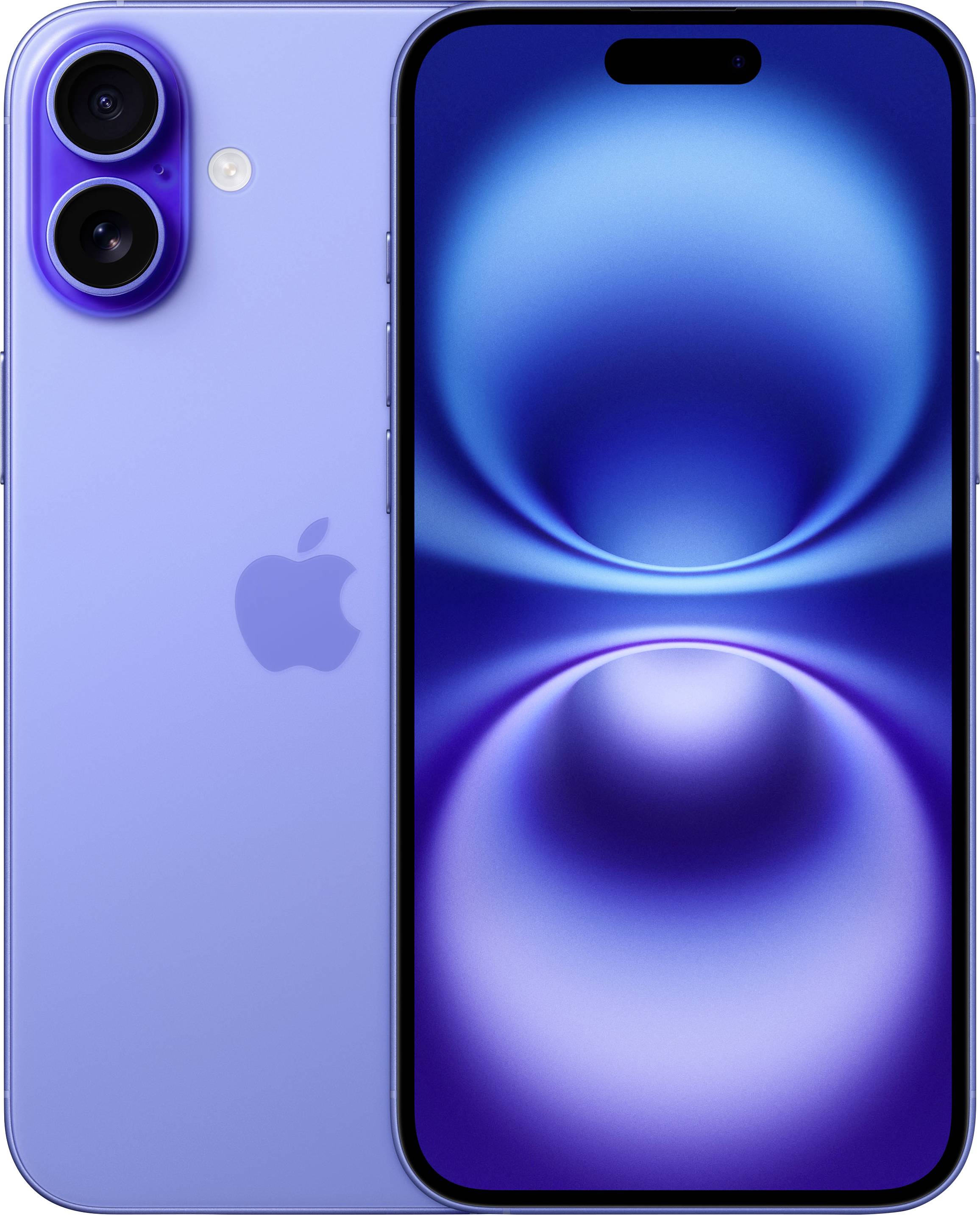 Ein lila Smartphone mit zwei Kameras auf der Rückseite und einem großen Display auf der Vorderseite, das ein abstraktes blaues Muster zeigt.