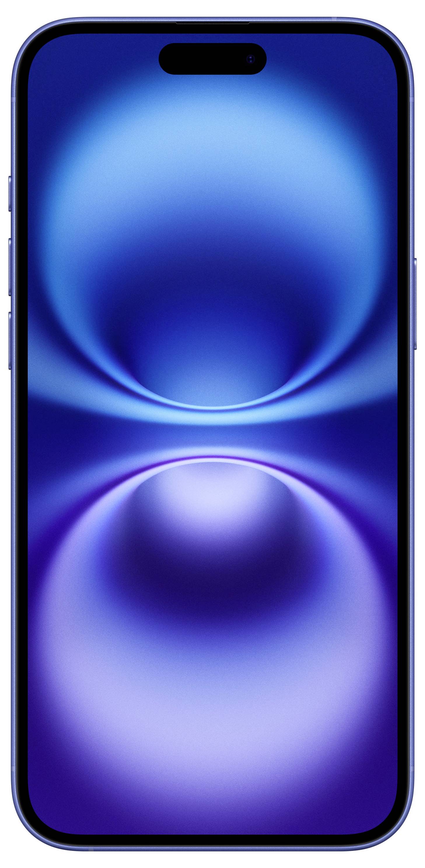 Ein Smartphone mit blauem Bildschirm und leuchtenden Effekten in Blau- und Violetttönen. Gerät hat abgerundete Ecken und keinen sichtbaren Home-Button.