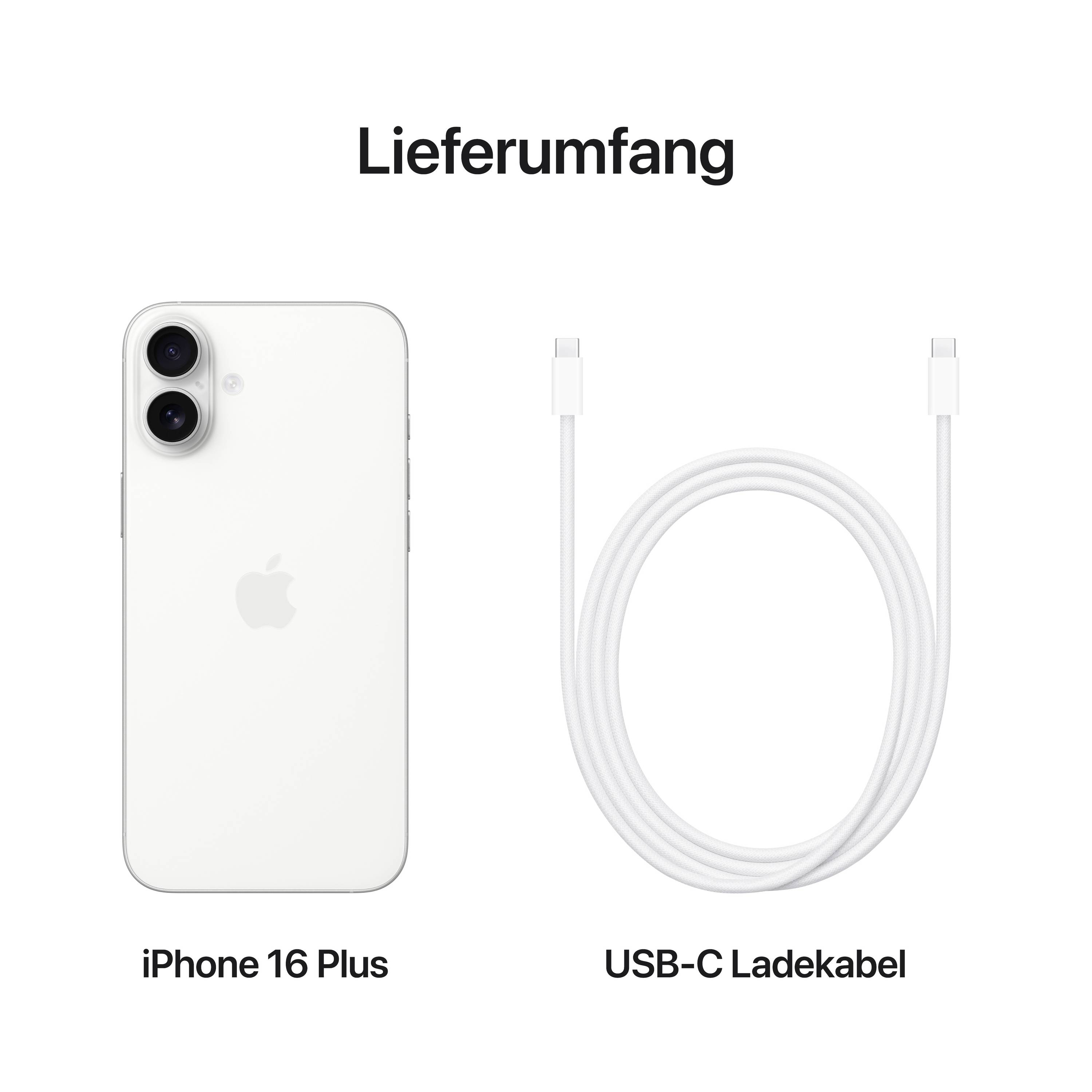 iPhone 16 Plus in Weiß und USB-C Ladekabel dargestellt. Text 'Lieferumfang' zeigt den Inhalt der Verpackung.