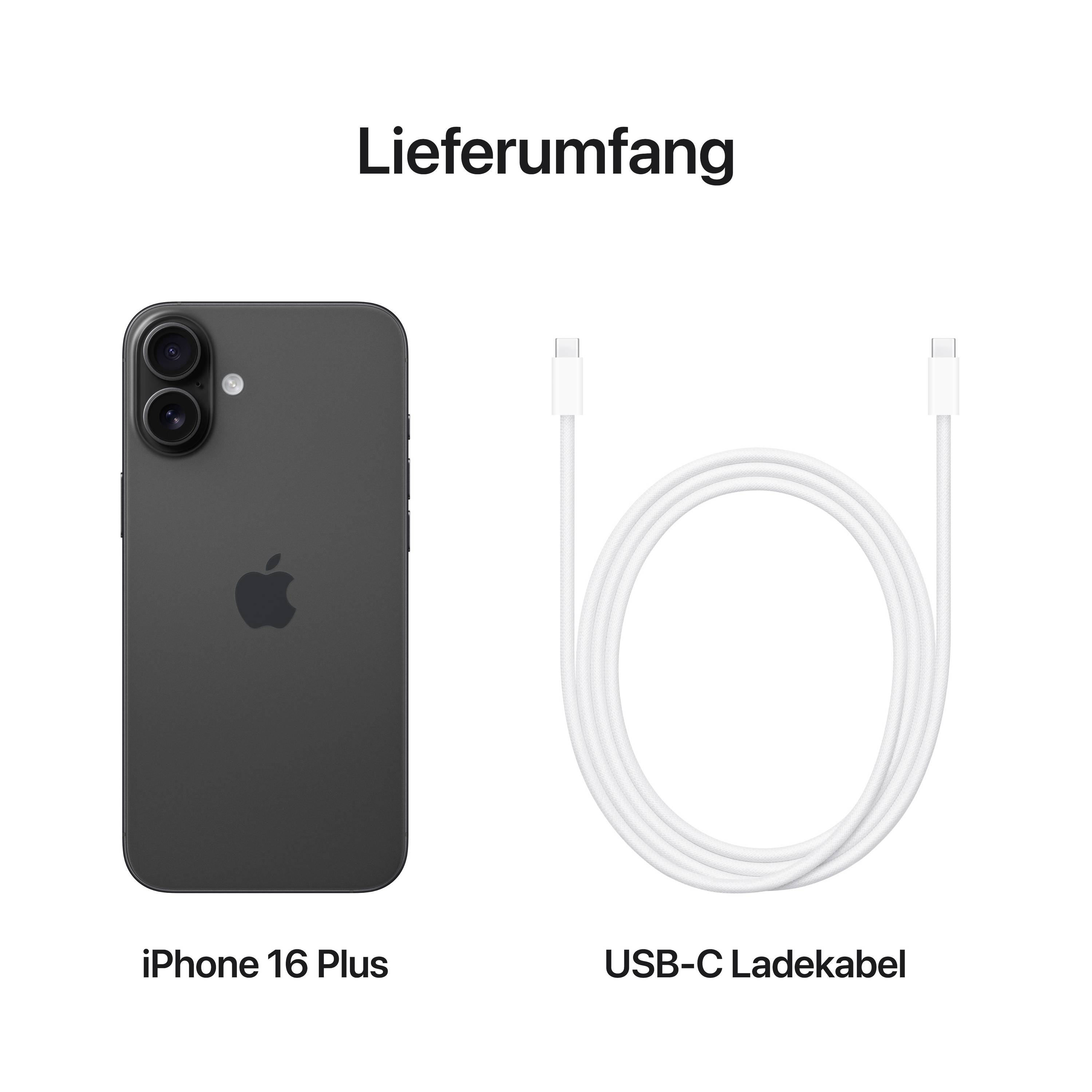 Lieferumfang: iPhone 16 Plus und USB-C Ladekabel.