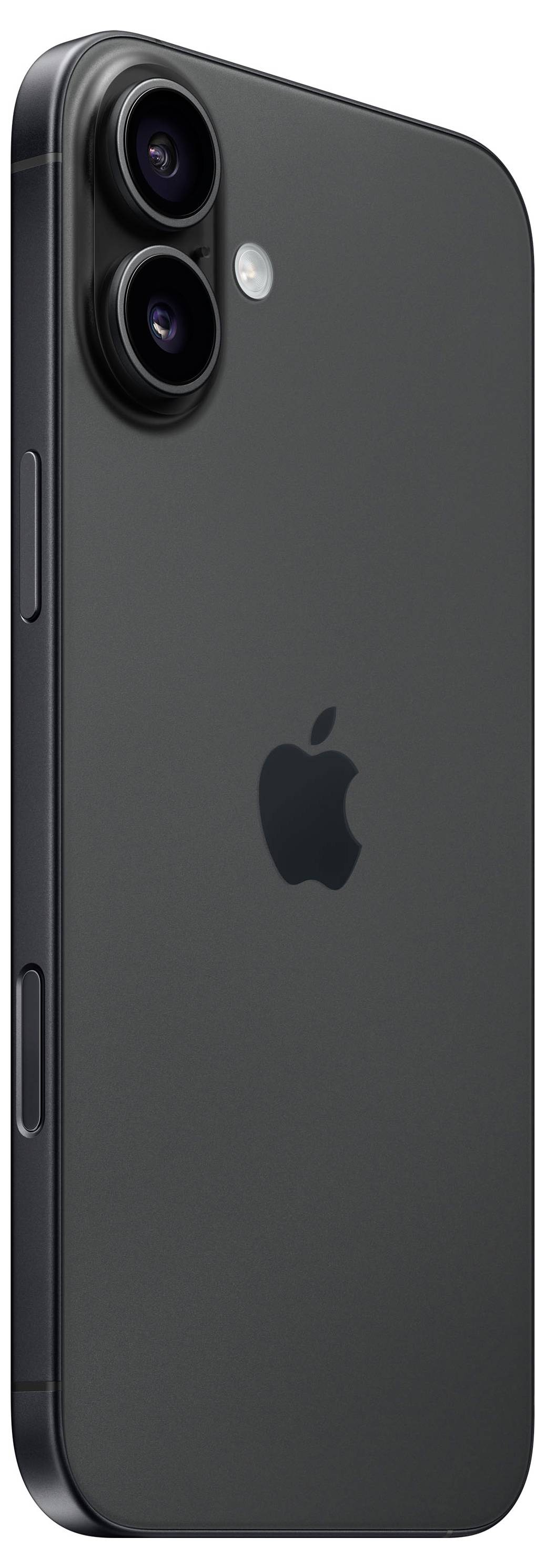 Ein schwarzes Smartphone mit zwei Kameralinsen und Blitz auf der Rückseite, Apple-Logo darunter. Profilansicht.