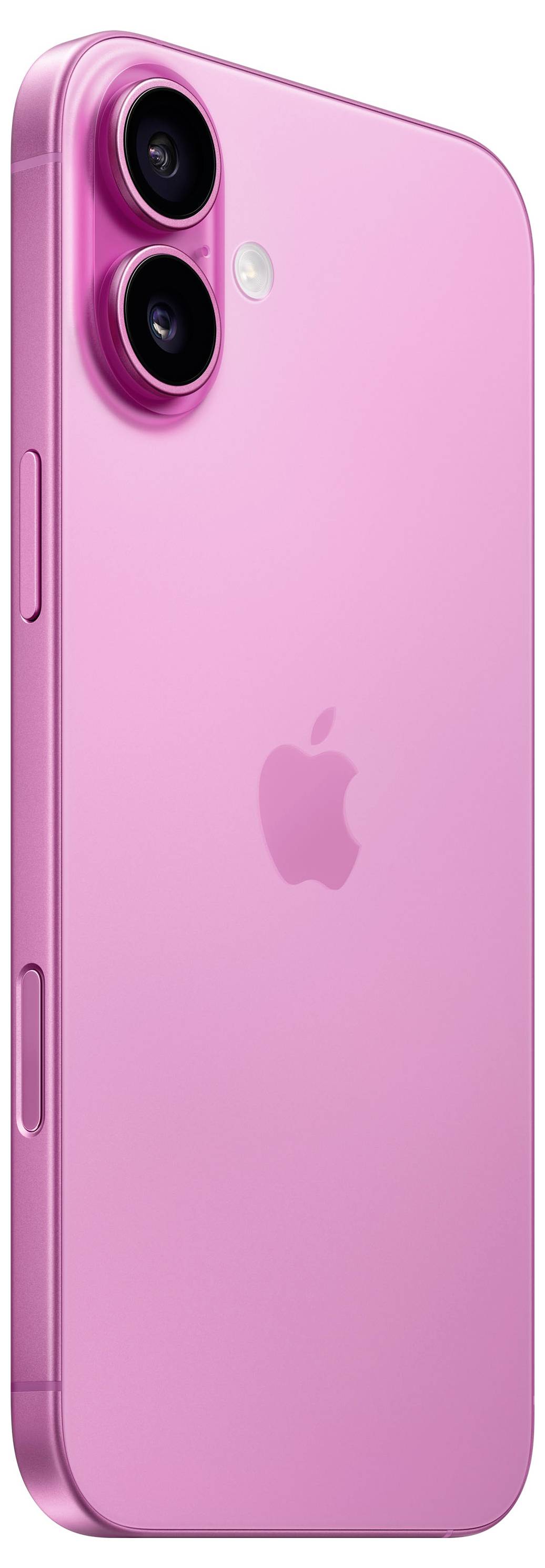 Ein rosa Smartphone mit zwei Kameralinsen und einem Apfel-Logo auf der Rückseite.