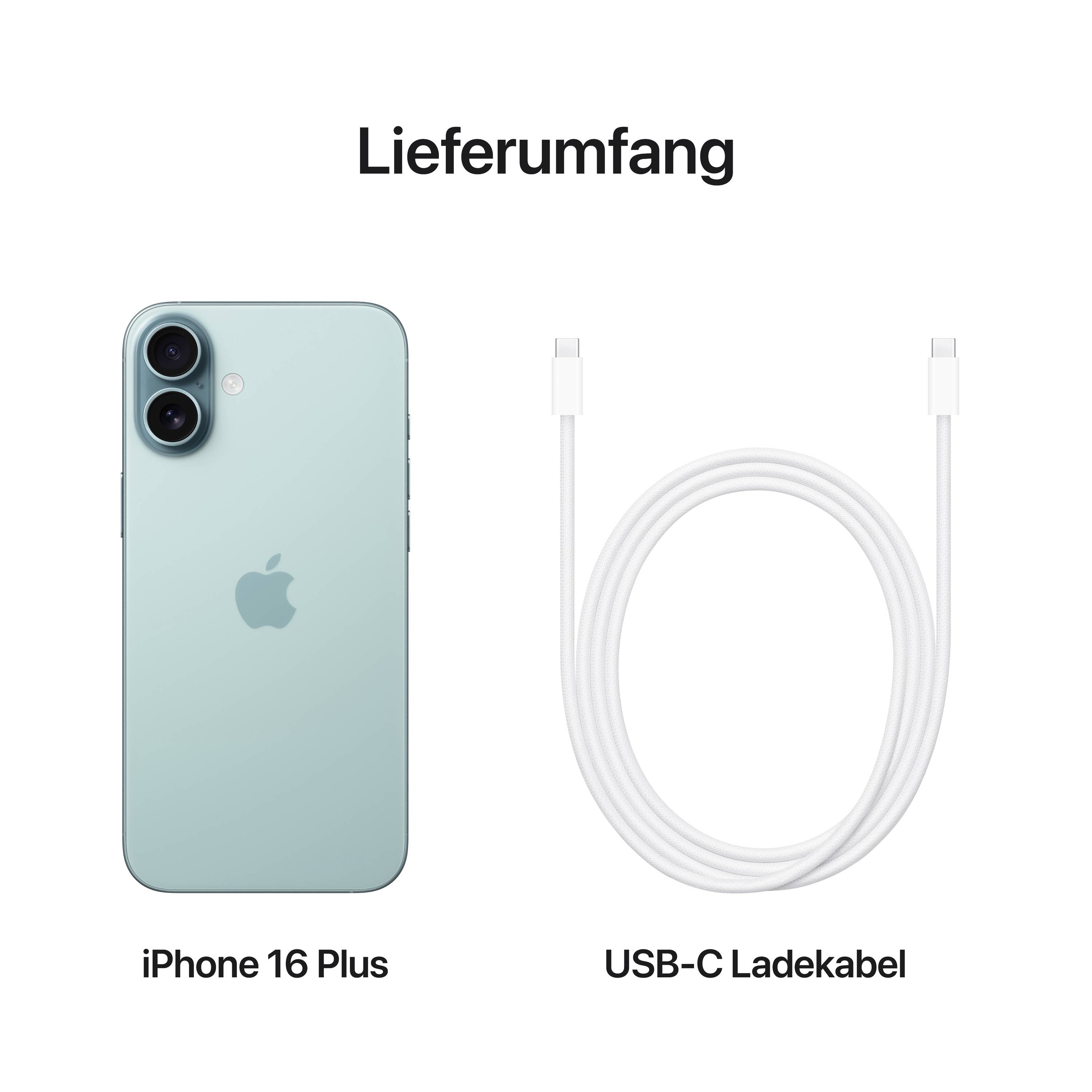 'Lieferumfang': Ein iPhone 16 Plus in Blau und ein USB-C-Ladekabel.