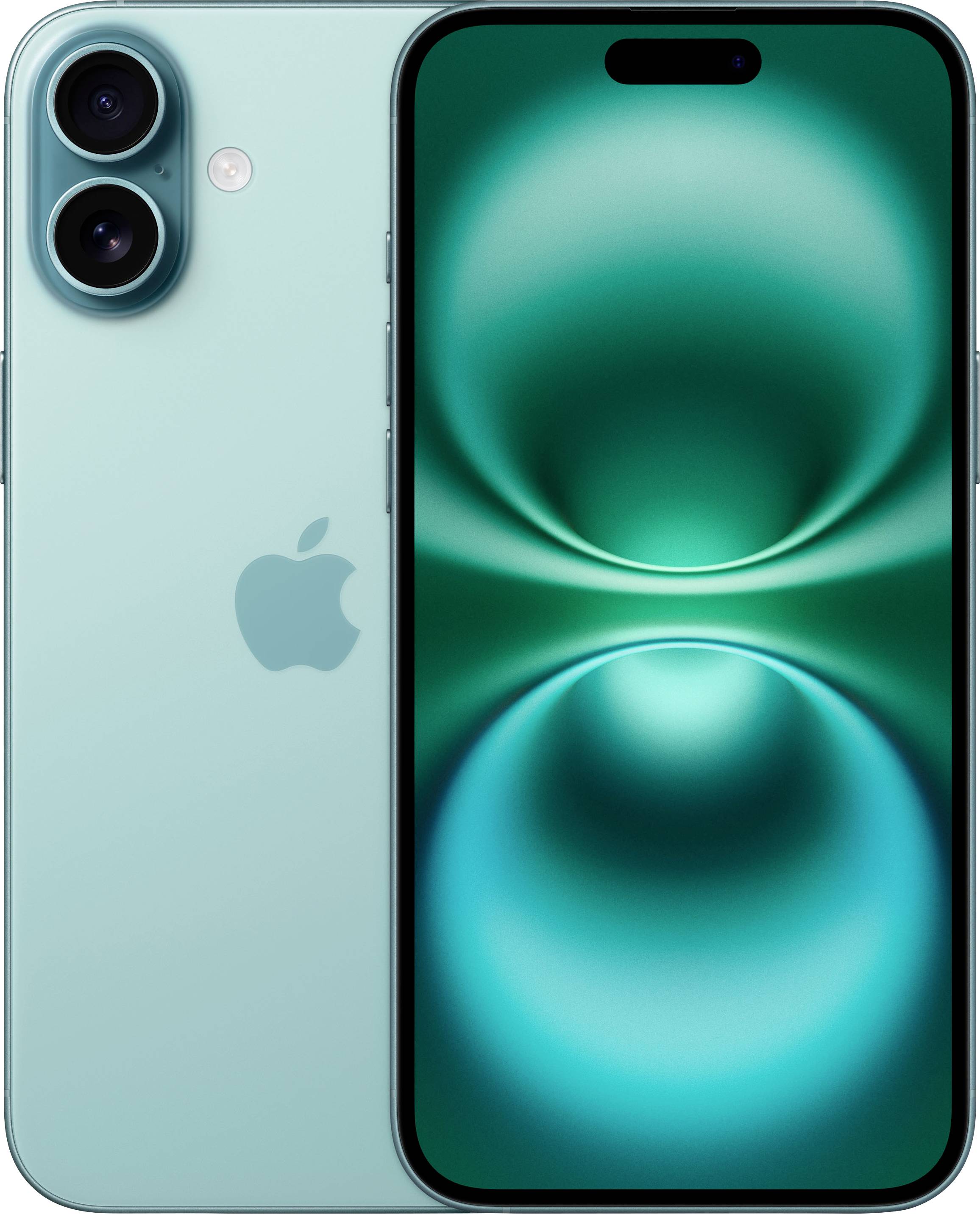 Ein türkisfarbenes Smartphone mit zwei Kameralinsen auf der Rückseite und einem großen Display auf der Vorderseite.