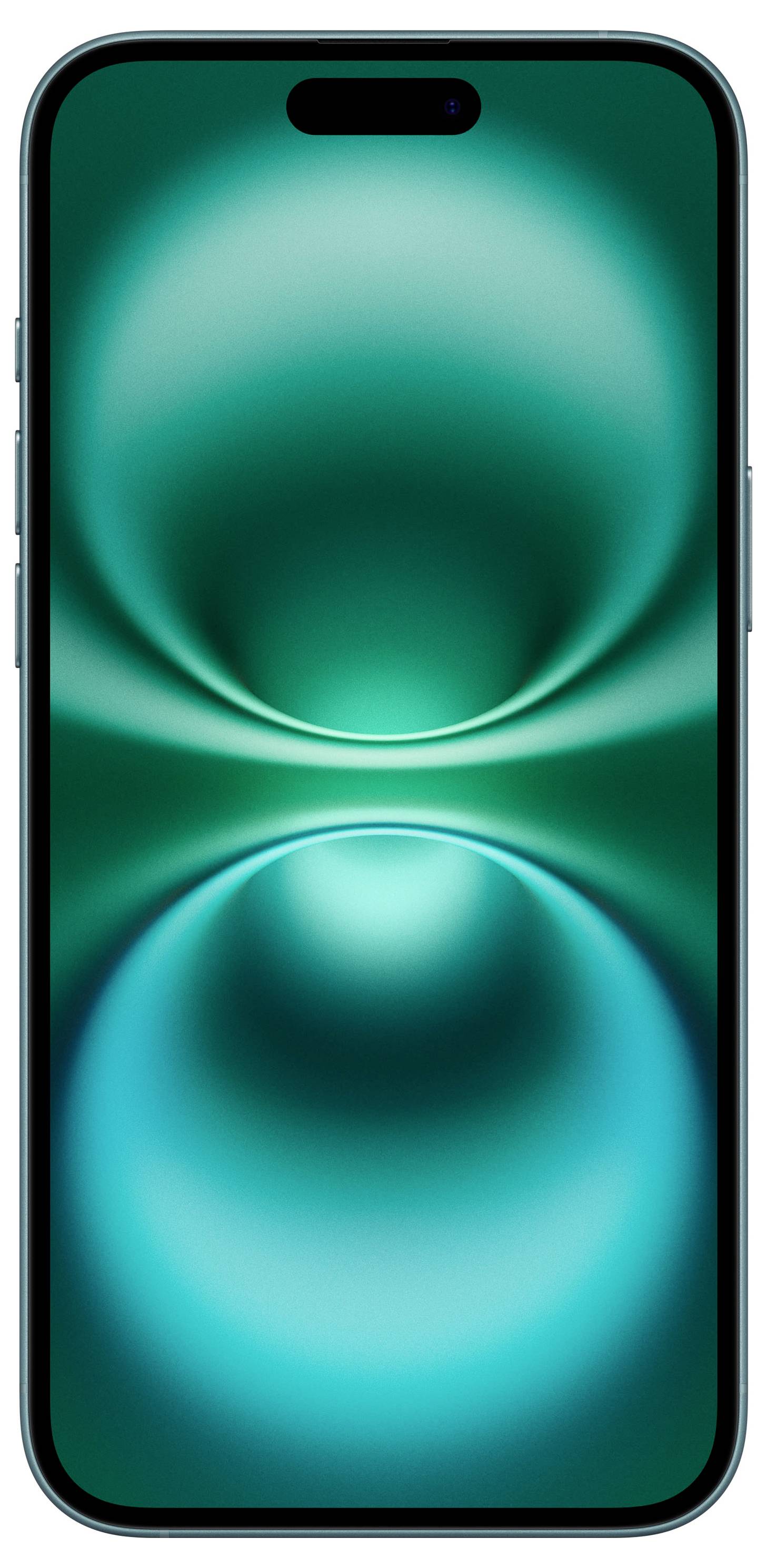 Smartphone mit grünem, abstrakten Muster auf dem Display. Bildschirm leuchtet, zeigt zwei elliptische Formen, die sich spiegeln.