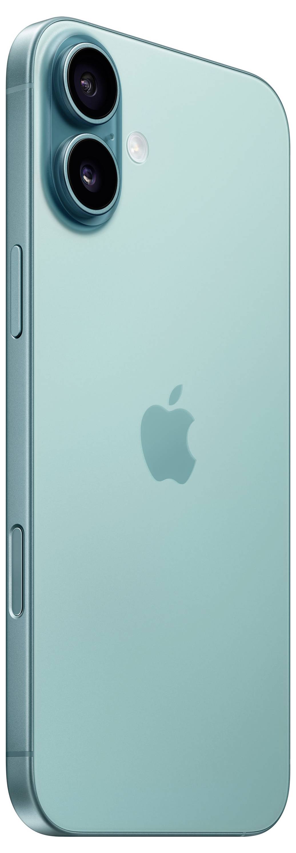 Ein türkisfarbenes Smartphone mit zwei Kameralinsen und einem Apple-Logo auf der Rückseite. Es hat einen schlanken, modernen Look.