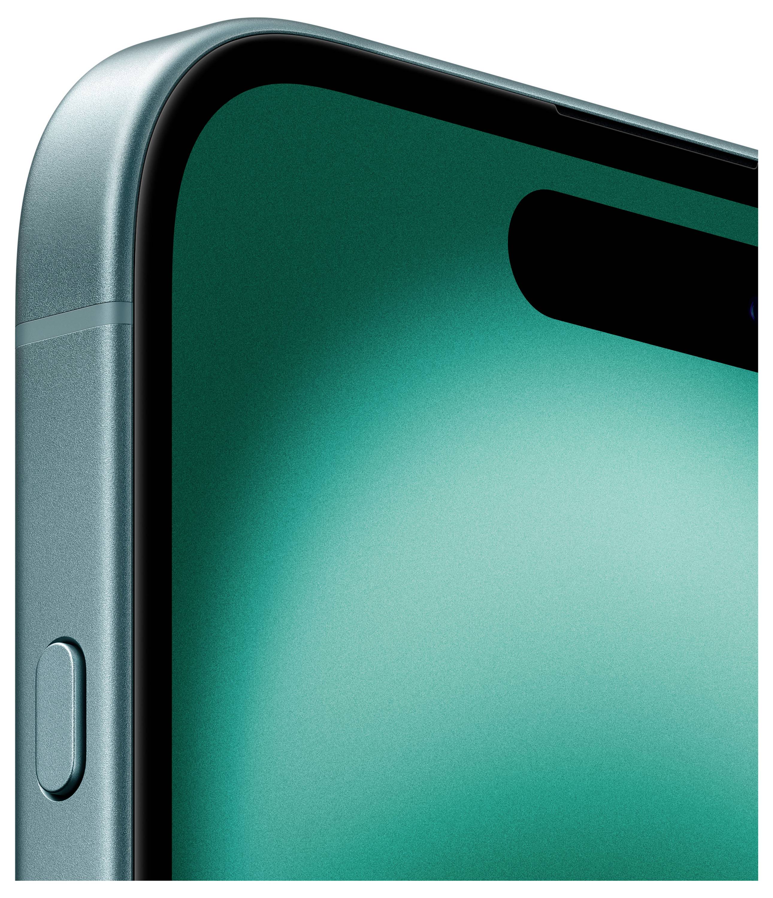 Ein modernes Smartphone in Nahaufnahme, zeigt die Kante mit einem runden Knopf und einem leuchtend grünen Display.