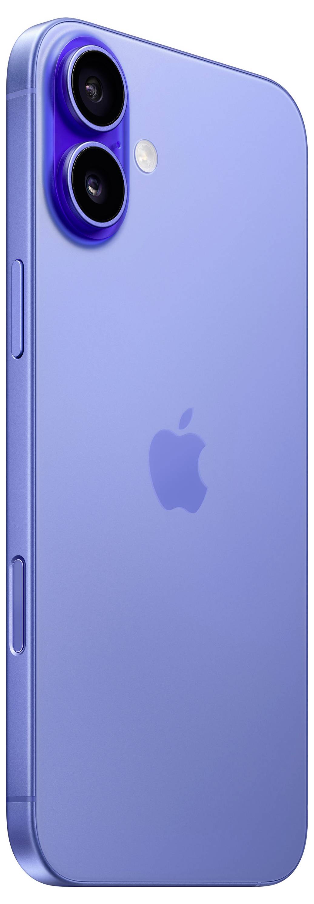Rückansicht eines blauen Smartphones mit zwei Kameras und einem Apple-Logo.