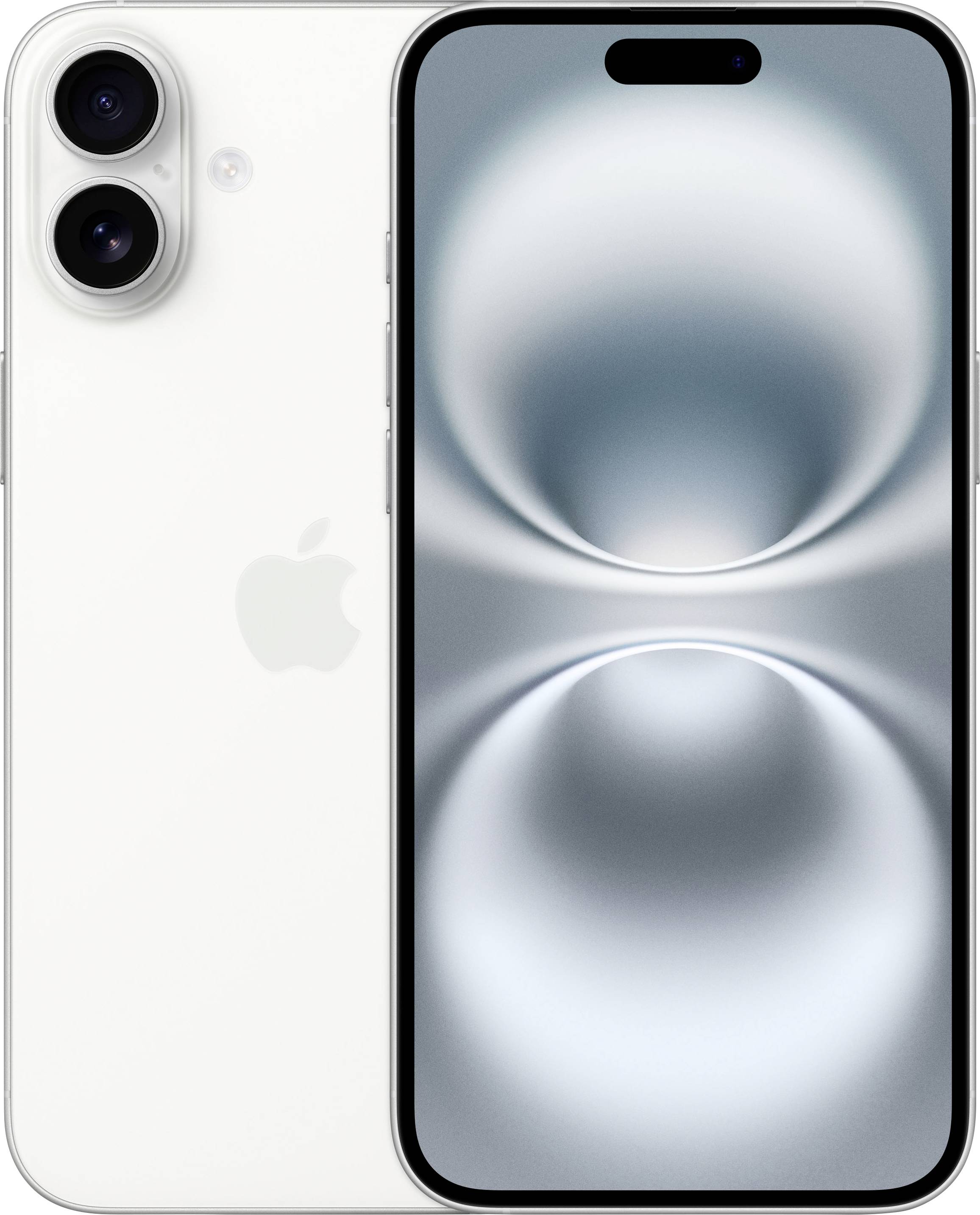 Ein modernes Smartphone in Weiß mit zwei Kameralinsen auf der Rückseite, beleuchtet Display zeigt abstrakte graue Muster.