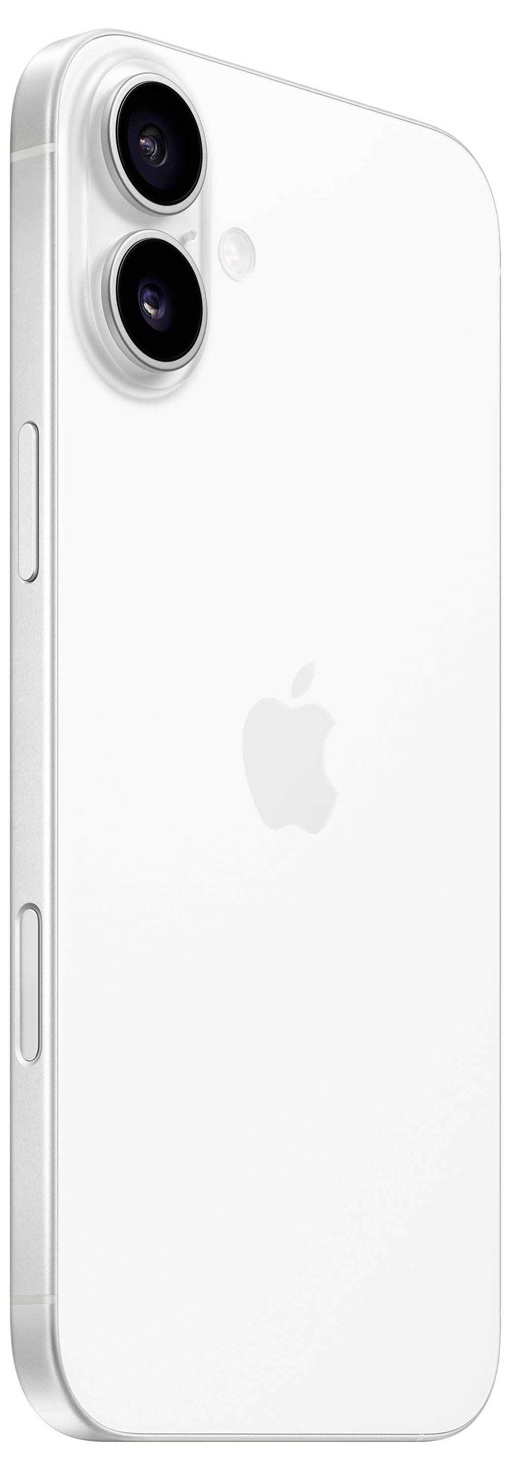 Ein weißes Smartphone mit zwei Kameras auf der Rückseite und einem stilisierten Apfel-Logo in der Mitte.