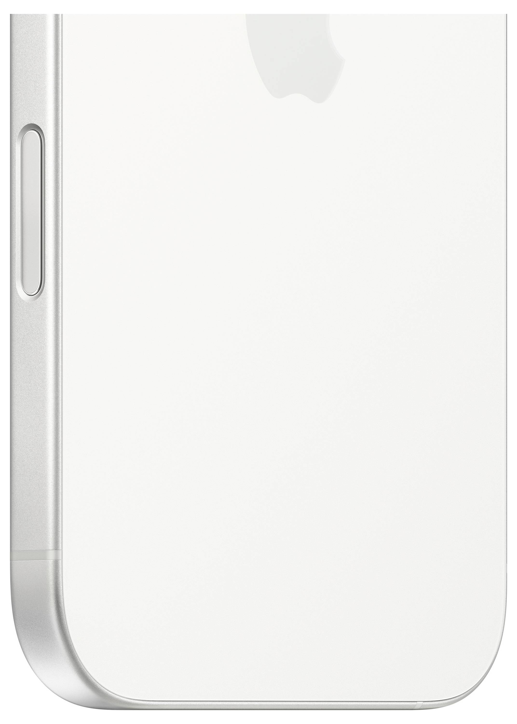 Ein weißes Smartphone von der Seite mit einem silbernen Rahmen und einer großen Taste, teilweise sichtbar.