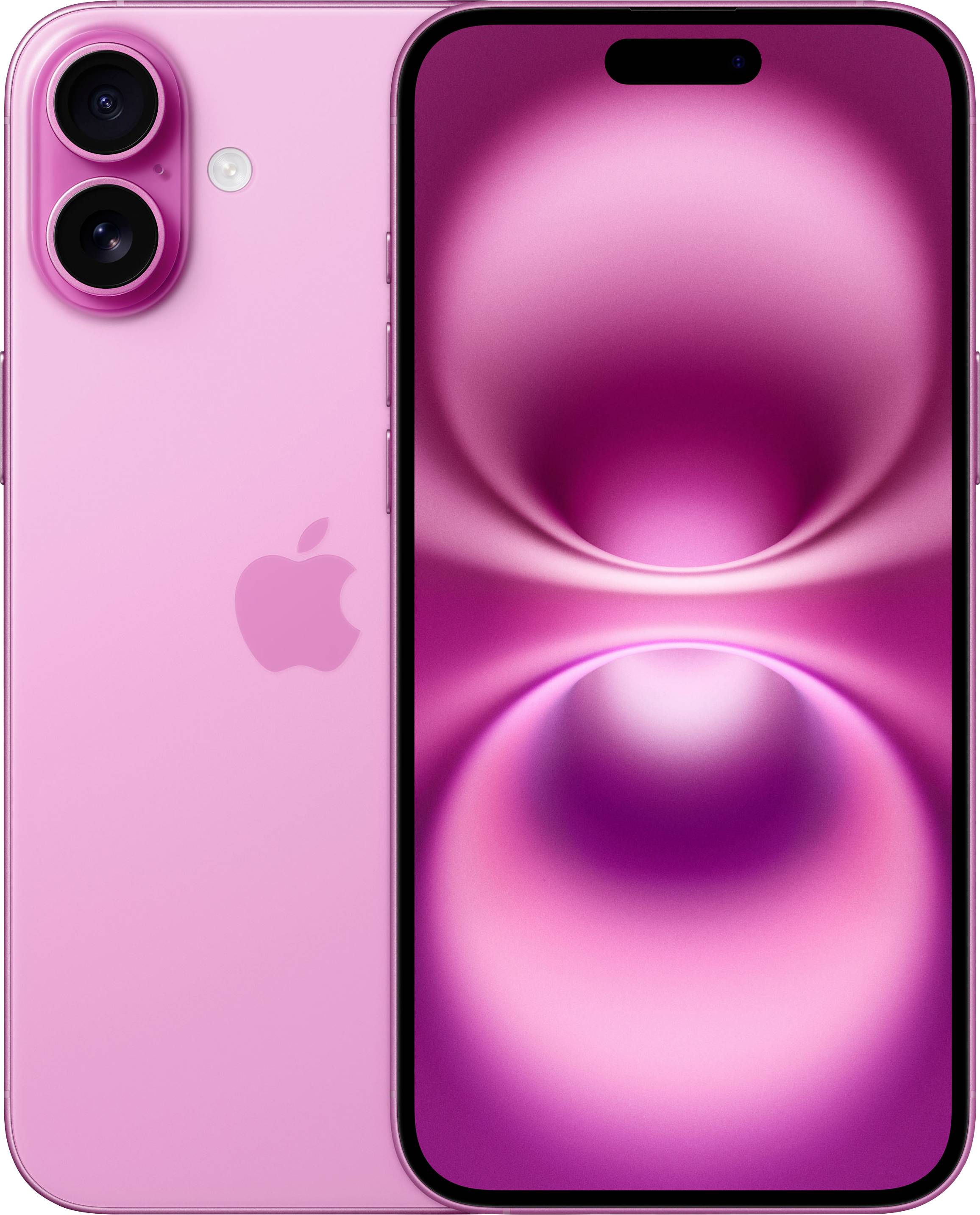 Ein rosafarbenes Smartphone mit zwei Kameras auf der Rückseite, zeigt auf dem Display ein abstraktes, rosafarbenes Muster.