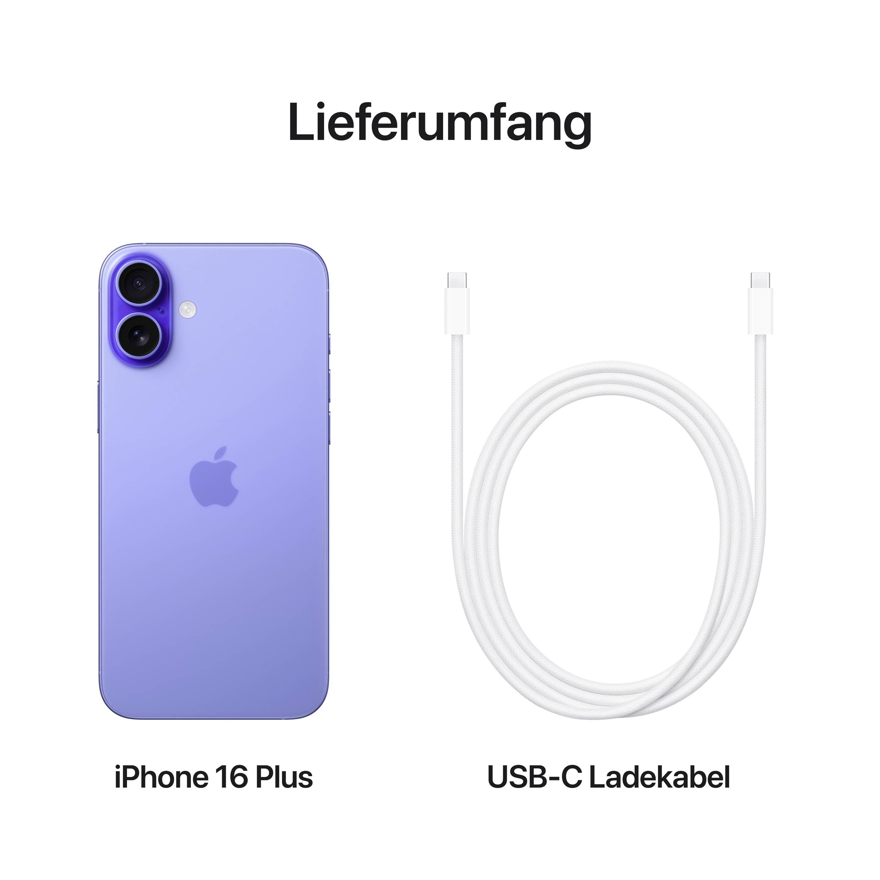 Ein blaues iPhone 16 Plus und ein USB-C Ladekabel auf weißem Hintergrund. Oben steht 'Lieferumfang'.
