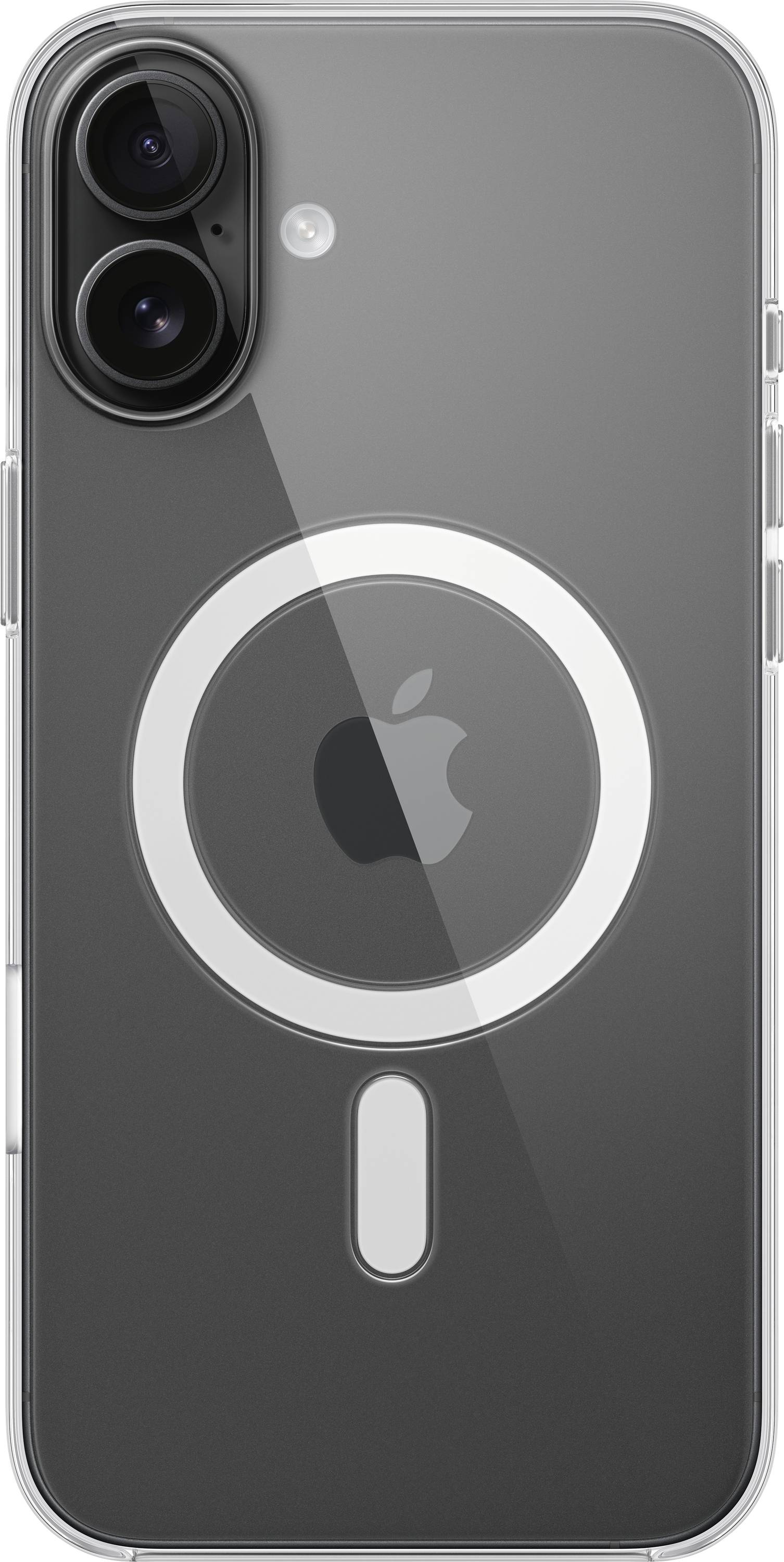 Eine transparente Handyhülle mit MagSafe-Kompatibilität zeigt das Apple-Logo und zwei Kameraobjektive oben links.