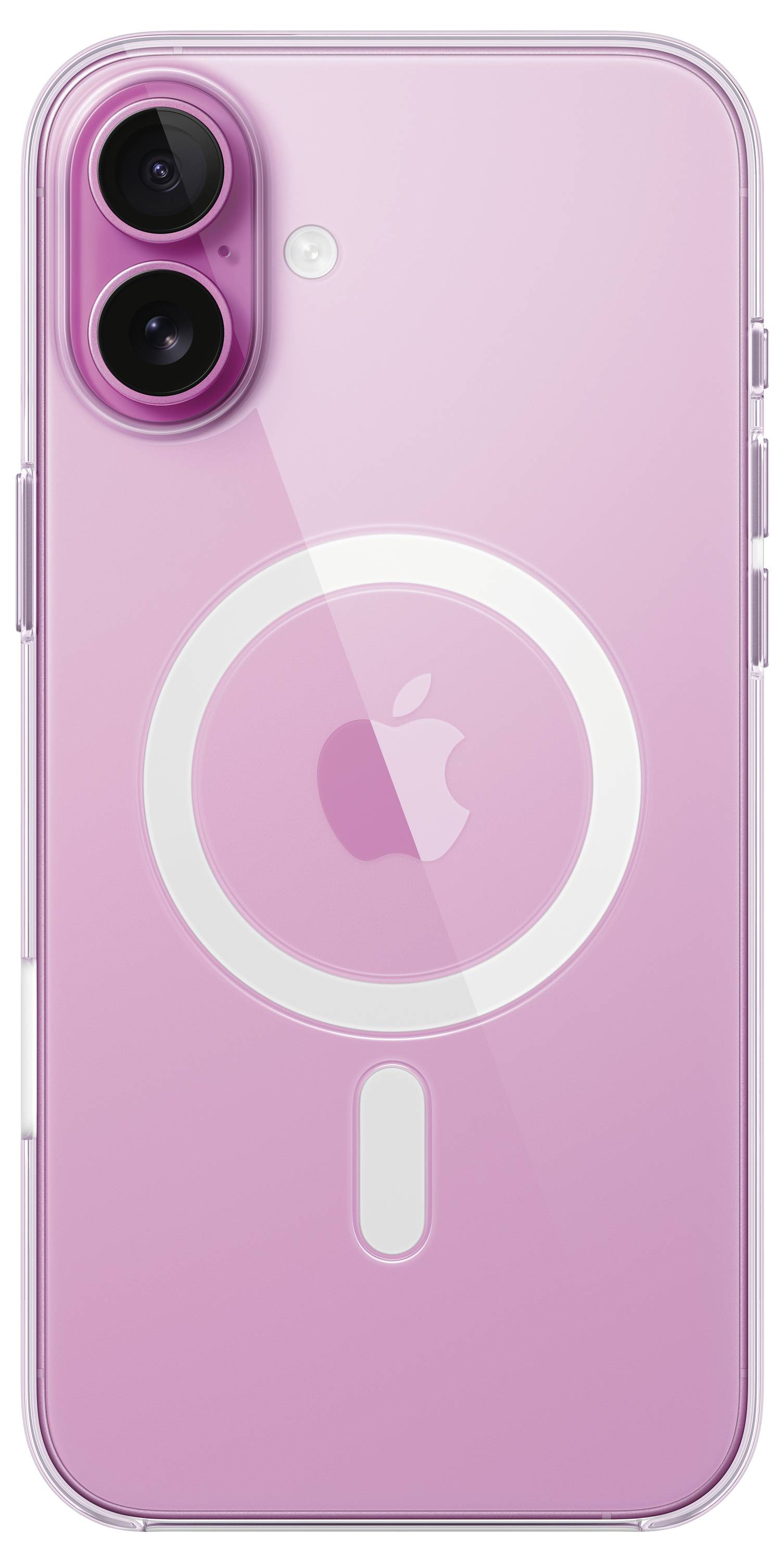 Ein pinkes Smartphone mit zwei Kameralinsen und einem Apple-Logo auf der Rückseite.