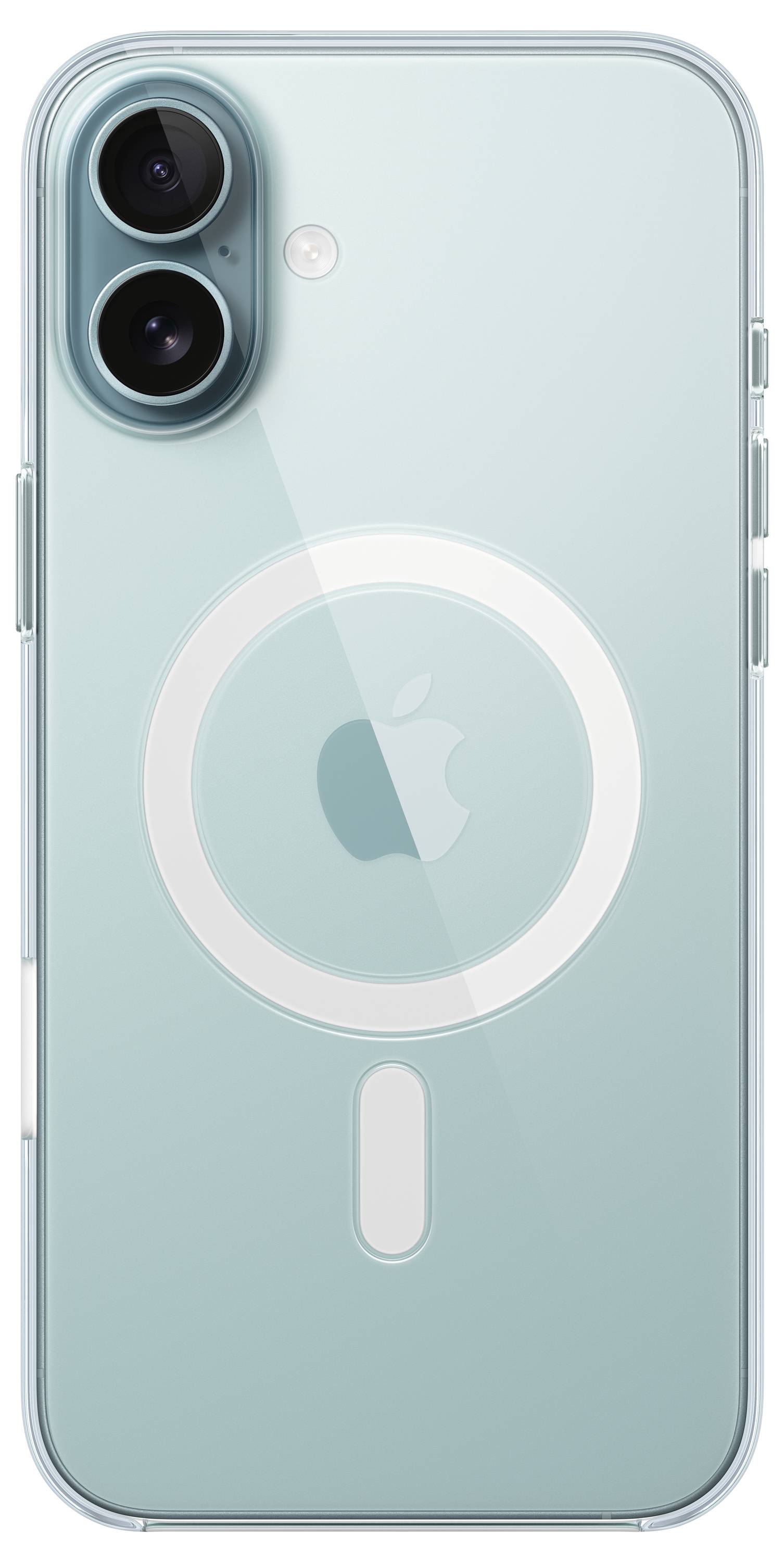 Ein hellblaues Smartphone von hinten, zeigt zwei Kameralinsen oben links und ein Apfel-Logo in der Mitte.