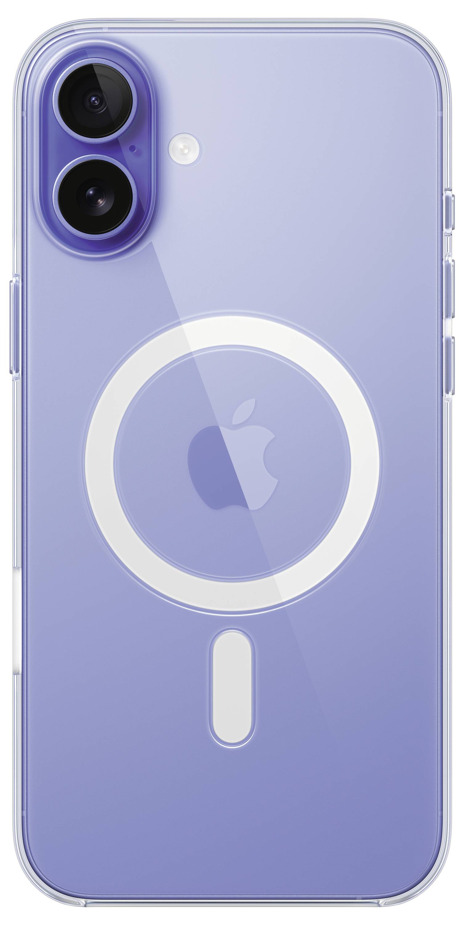 Ein lila Smartphone mit Dual-Kamera und einem klaren Gehäuse, das einen magnetischen Ring und das Apple-Logo auf der Rückseite zeigt.