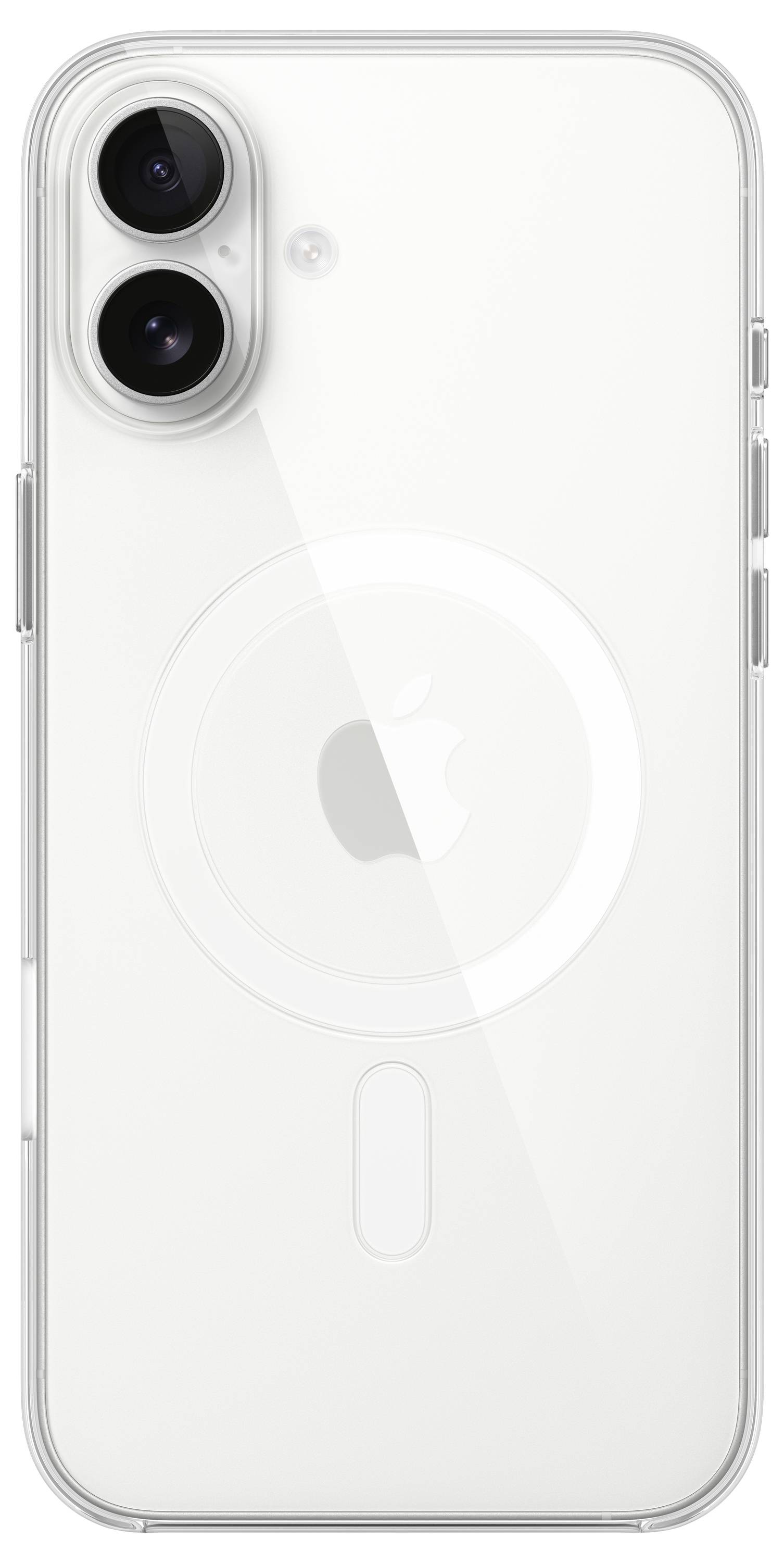 Das Bild zeigt die Rückseite eines weißen Smartphones mit zwei Kameras oben links und einem Markenlogo in der Mitte.