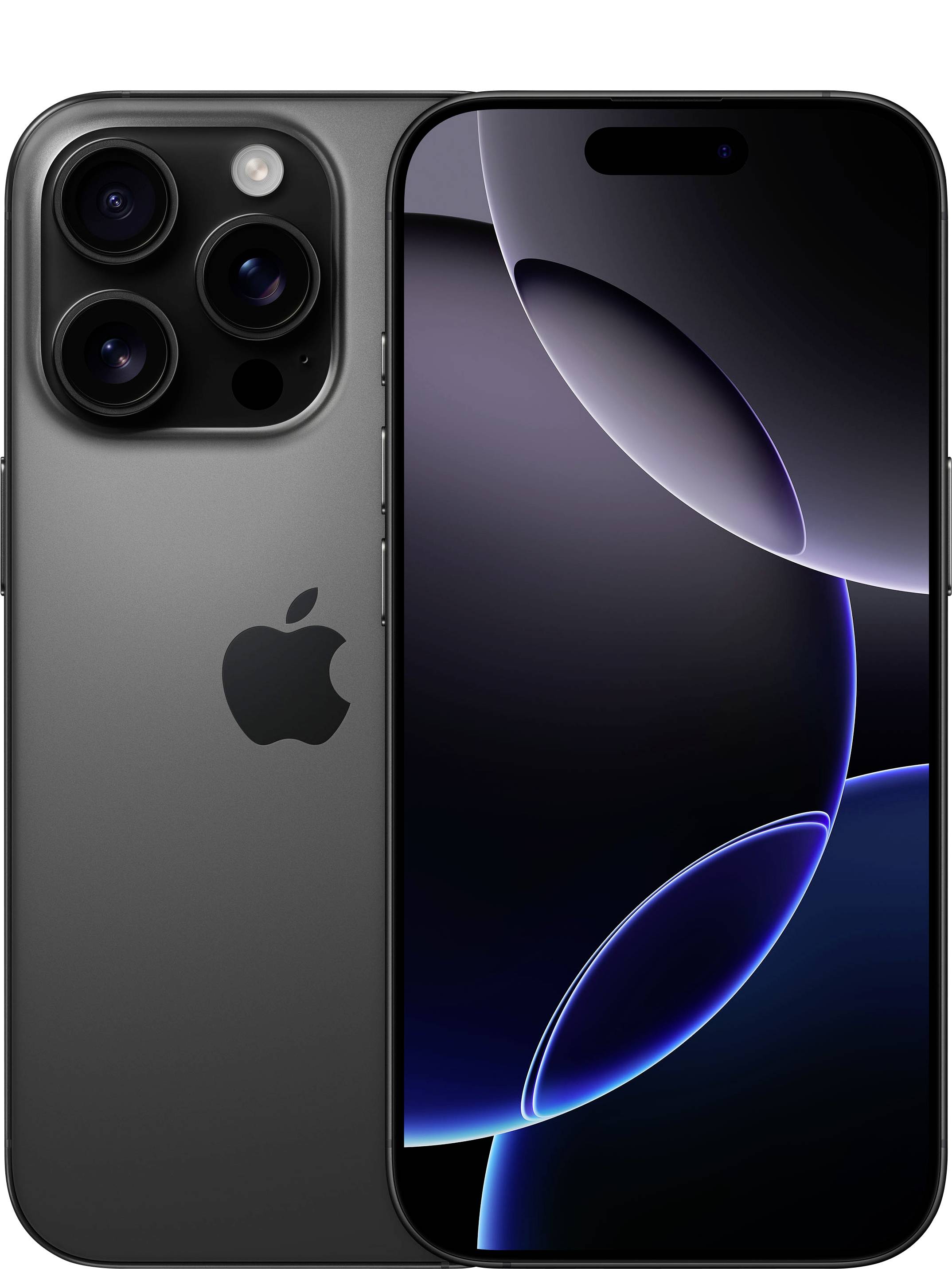 Smartphone in Graphitfarbe mit dunklem Bildschirm, drei Rückkameras und Apfel-Logo; repräsentiert elektronisches Gerätedesign.