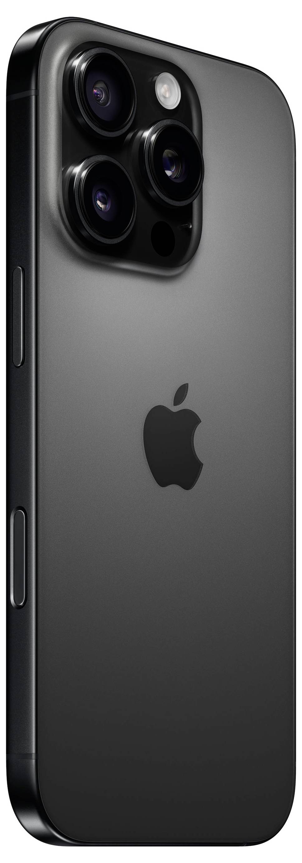 Das Bild zeigt die Rückseite eines schwarzen Smartphones mit dem bekannten Apfellogo, drei Kameralinsen und einem schlanken Design.