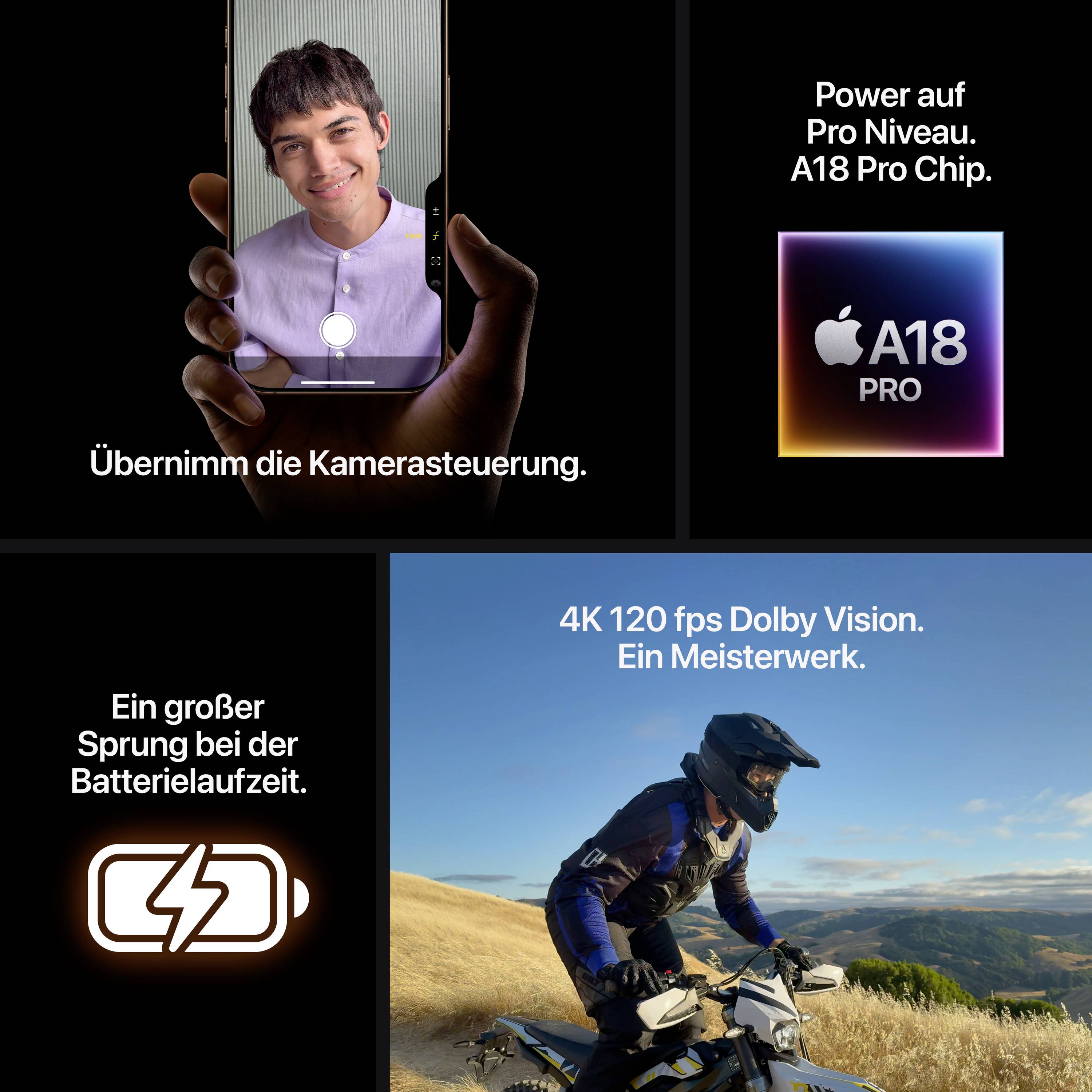 Ein Smartphone zeigt eine Kamera-App mit einer Person im Fokus. Weitere Texte betonen Leistungsmerkmale des Chips und Batterieverbesserungen. Ein Motorradfahrer fährt in landschaftlicher Umgebung.