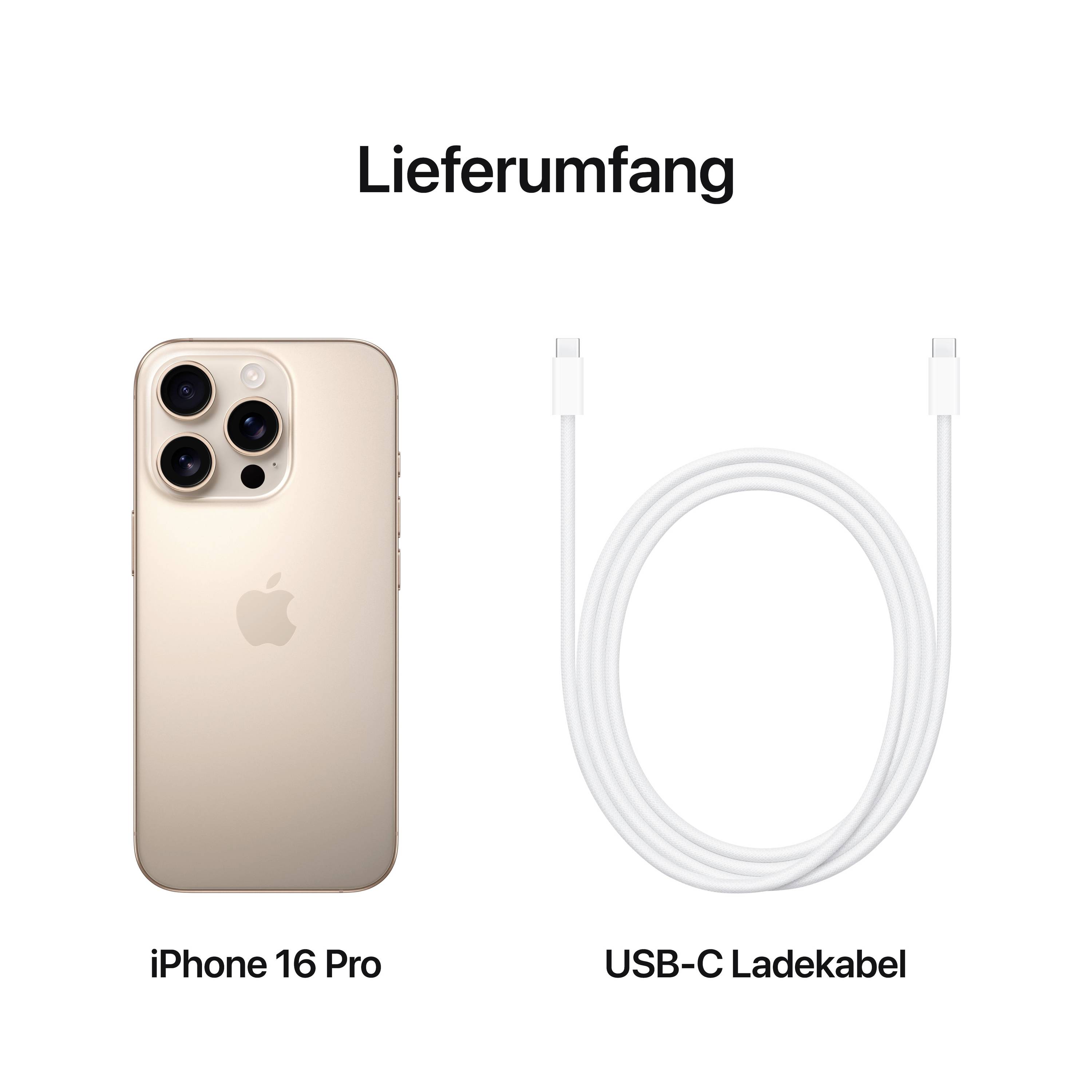 'Lieferumfang': Das Bild zeigt ein 'iPhone 16 Pro' und ein 'USB-C Ladekabel'.