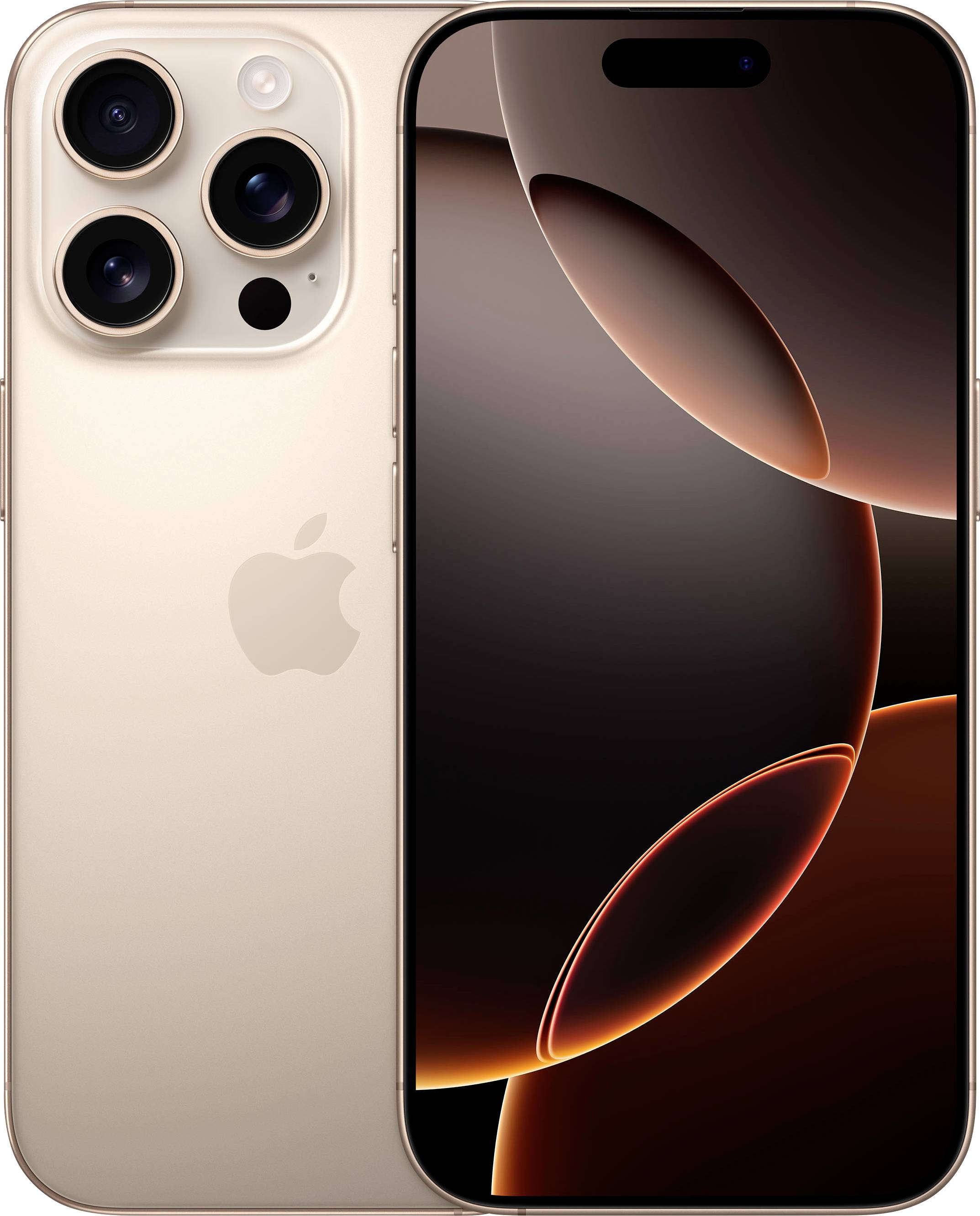 Ein modernes Smartphone in Gold mit drei Kameralinsen auf der Rückseite und einem großen Display auf der Vorderseite.