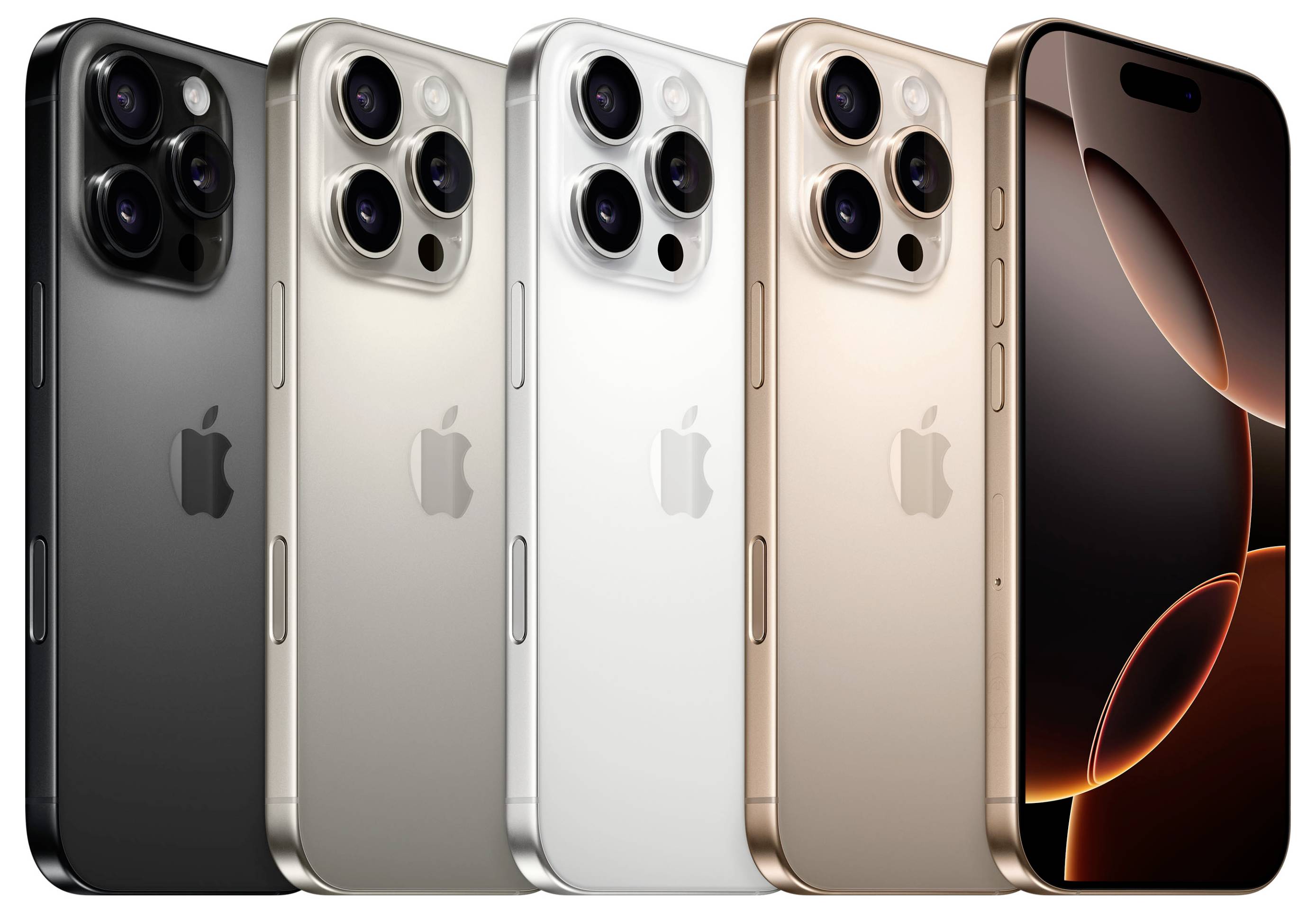 Fünf moderne Smartphones in verschiedenen Farben nebeneinander angeordnet, zeigen Rückseiten mit Logo und Kameras.