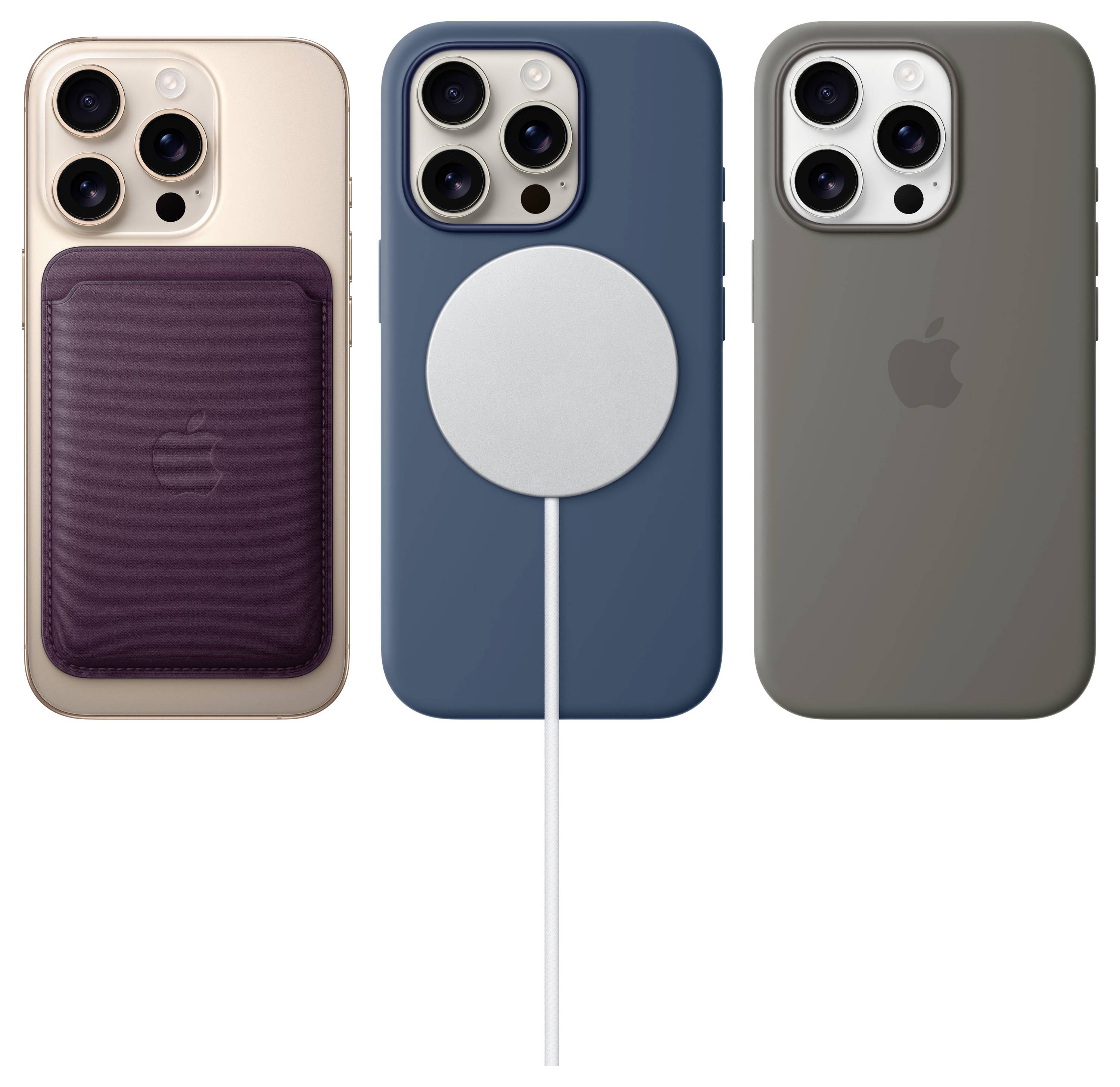 Drei Smartphones mit Hüllen; links ein lila Kartenhalter, in der Mitte ein Ladegerät, rechts eine graue Hülle mit Apple-Logo.
