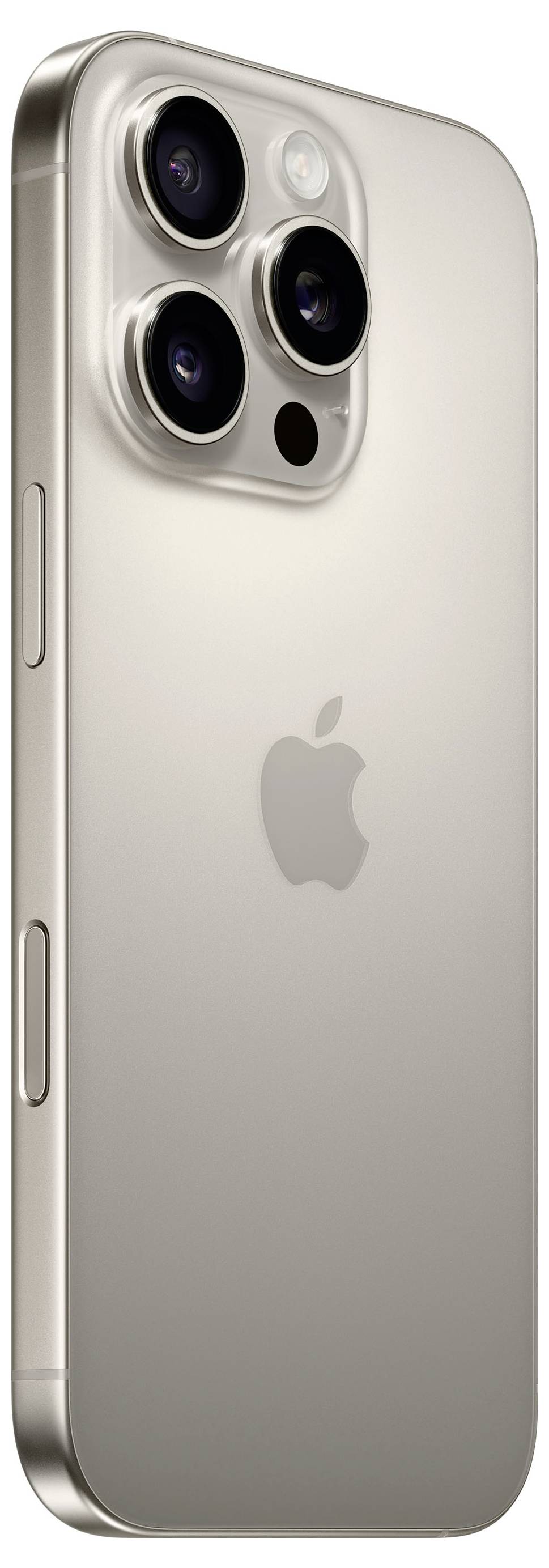 Smartphone mit drei Kameralinsen auf der Rückseite, seitlich angeschaut. Markenzeichen-Logo in der Mitte sichtbar.