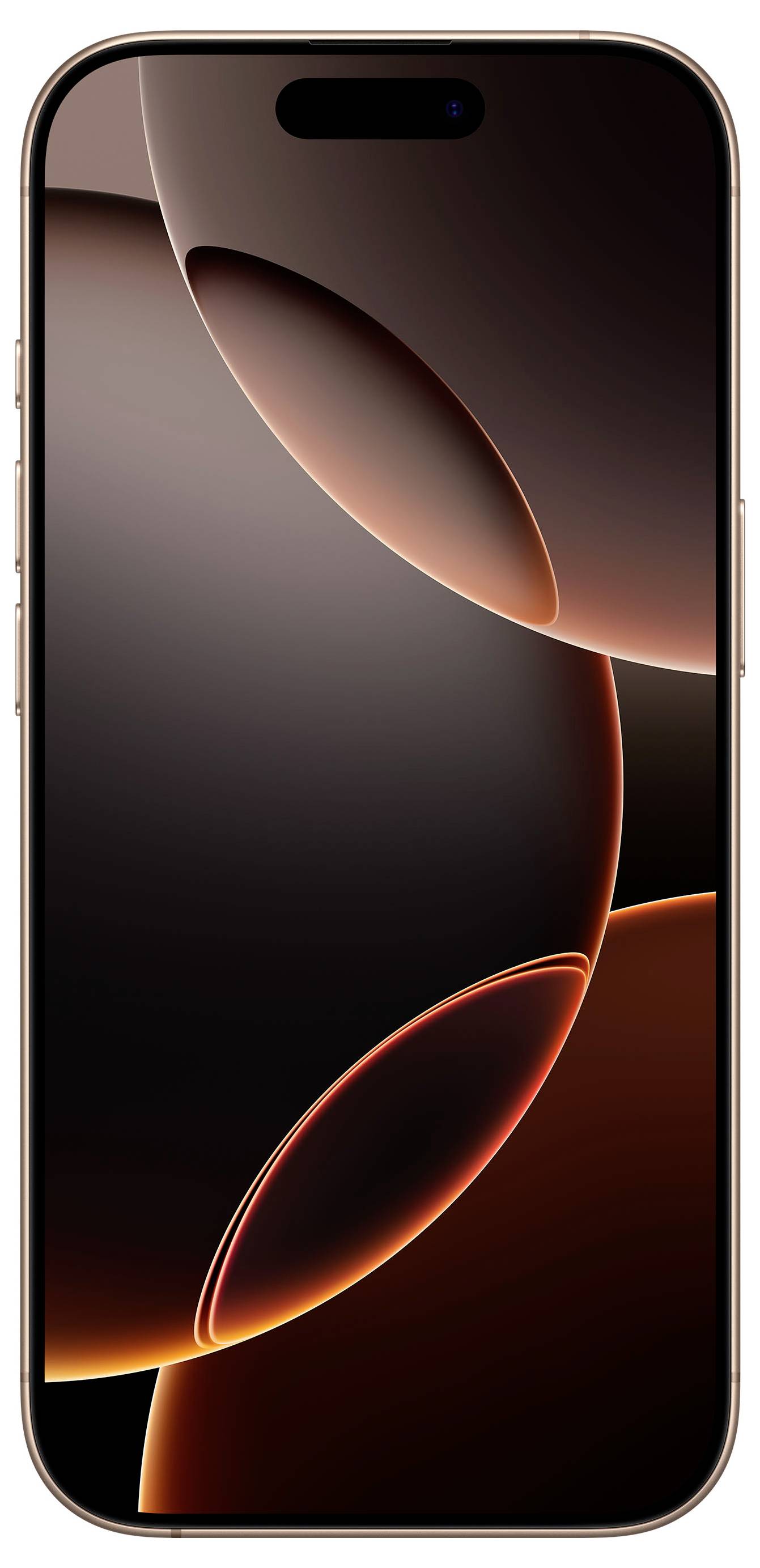 Smartphone mit nahtlosem Display und gebogenem Design, zeigt eine abstrakte Darstellung mit überlappenden Kreisen in Braun- und Schwarztönen.