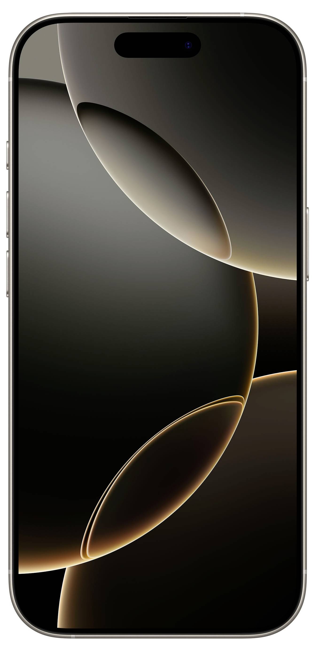 Smartphone mit abgerundeten Ecken und einem Display, das ein abstraktes, dunkles Design mit überlappenden Kreisen zeigt.