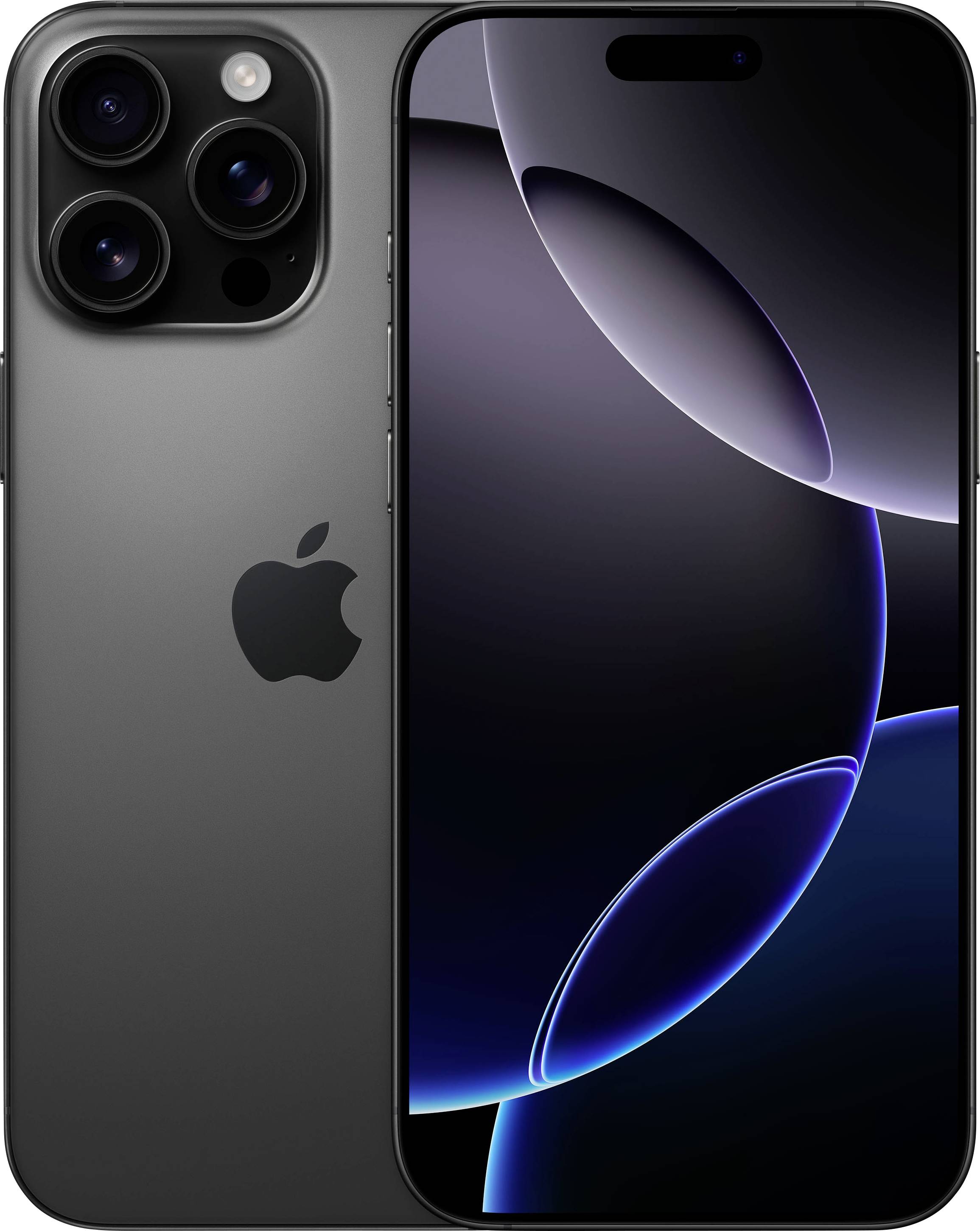 Smartphone mit dreifacher Kameralinse und Apple-Logo auf der Rückseite, dunkler Bildschirm mit abstrakter Kreisgrafik.