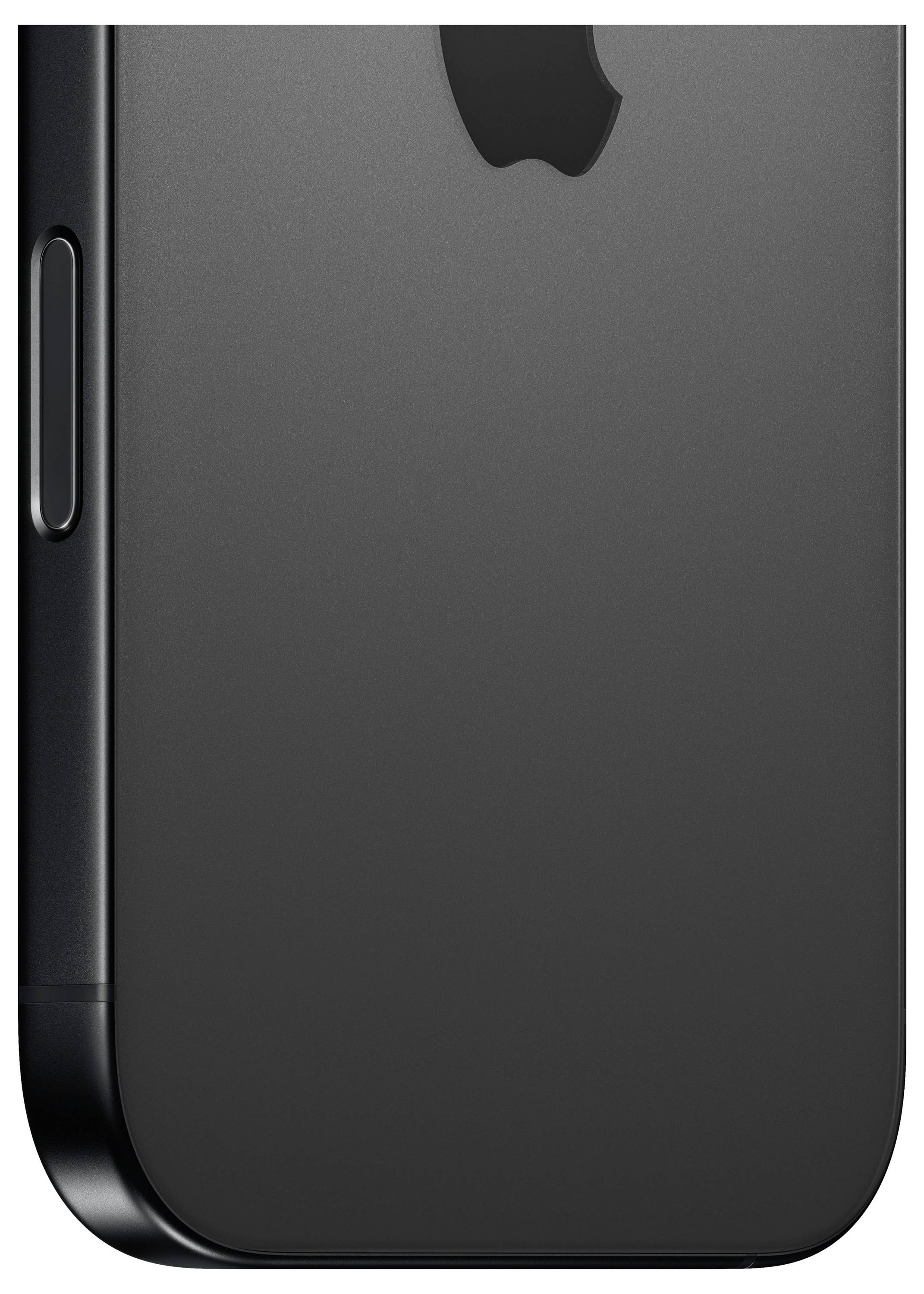 Ein schwarzes Smartphone-Rückgehäuse mit abgerundetem Rand und Knopf an der Seite; minimalistisches Design mit mattem Finish.