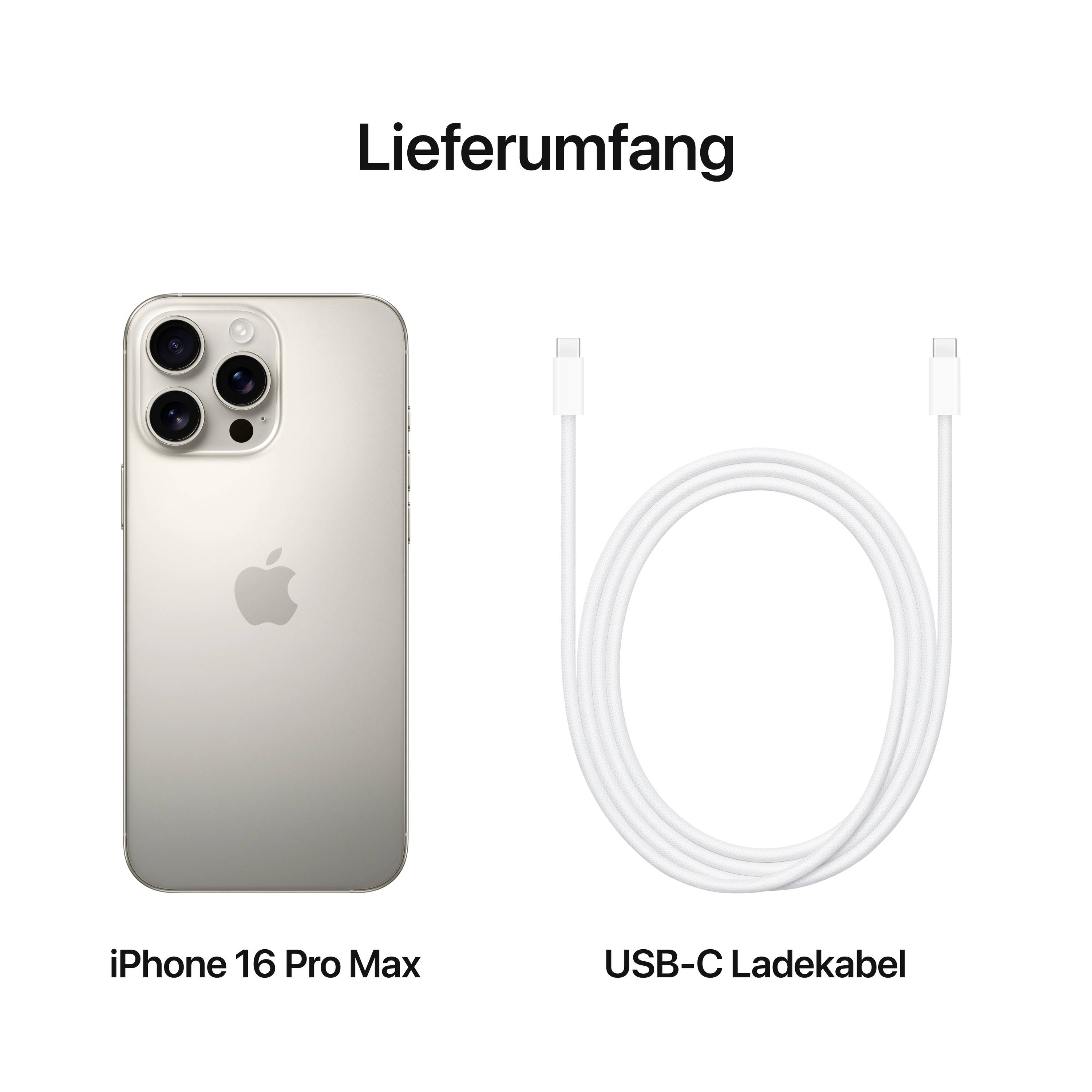 'Lieferumfang' zeigt ein 'iPhone 16 Pro Max' und ein 'USB-C Ladekabel'.