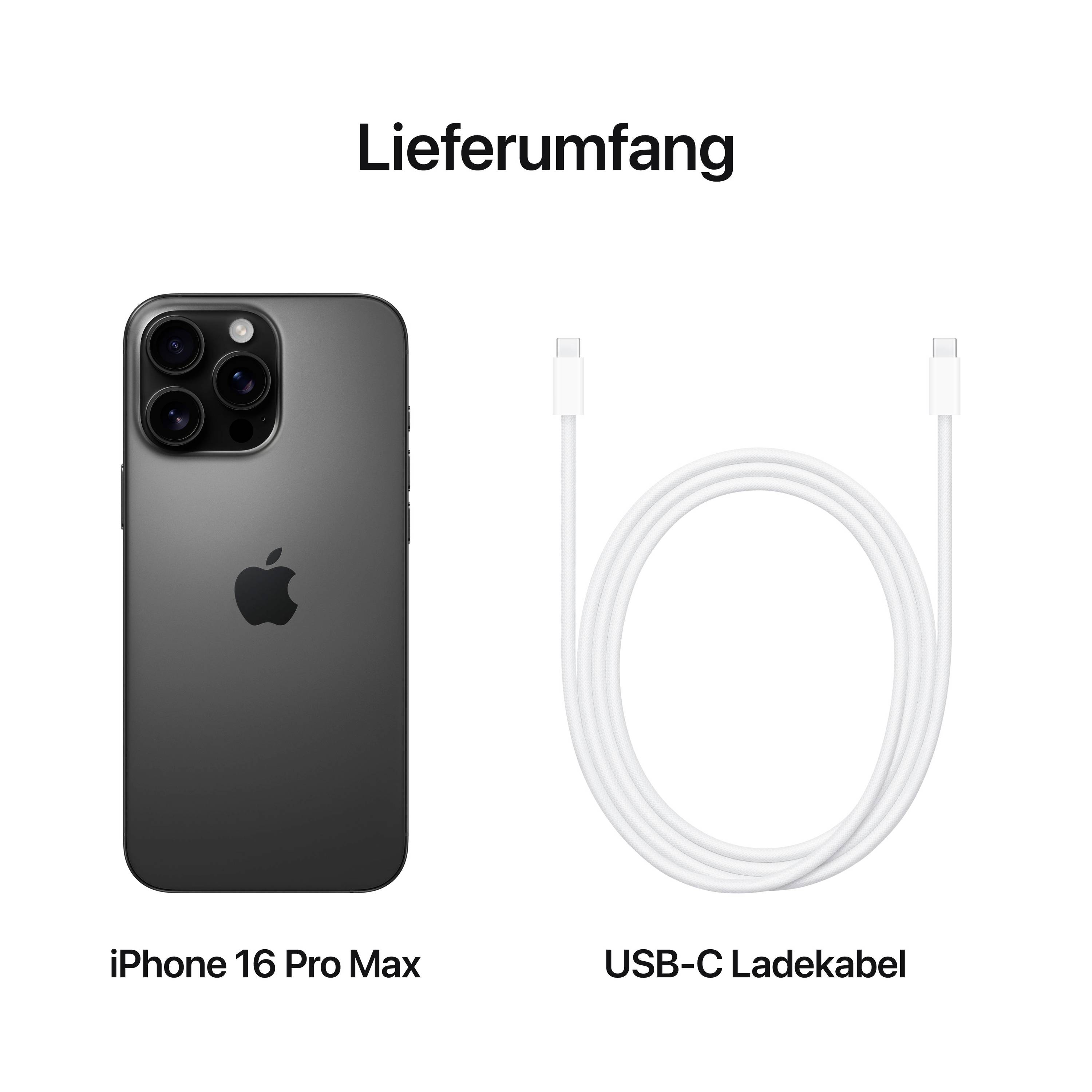 Lieferumfang des iPhone 16 Pro Max: Abbildung zeigt das schwarze Smartphone und ein USB-C-Ladekabel.