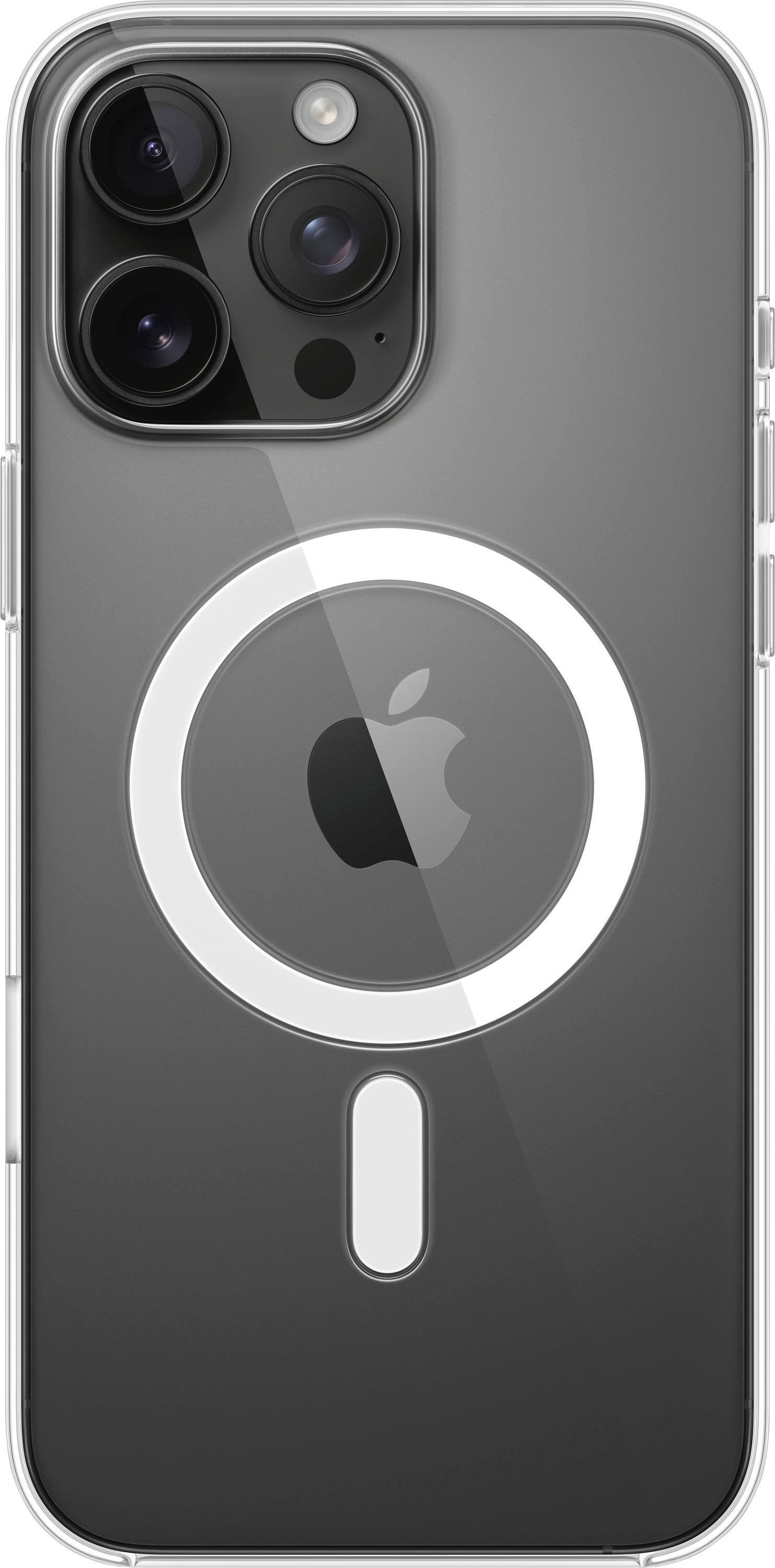 Ein modernes Smartphone mit durchsichtigem Case und sichtbarer Kameramodul auf der Rückseite. Markenlogo in der Mitte.