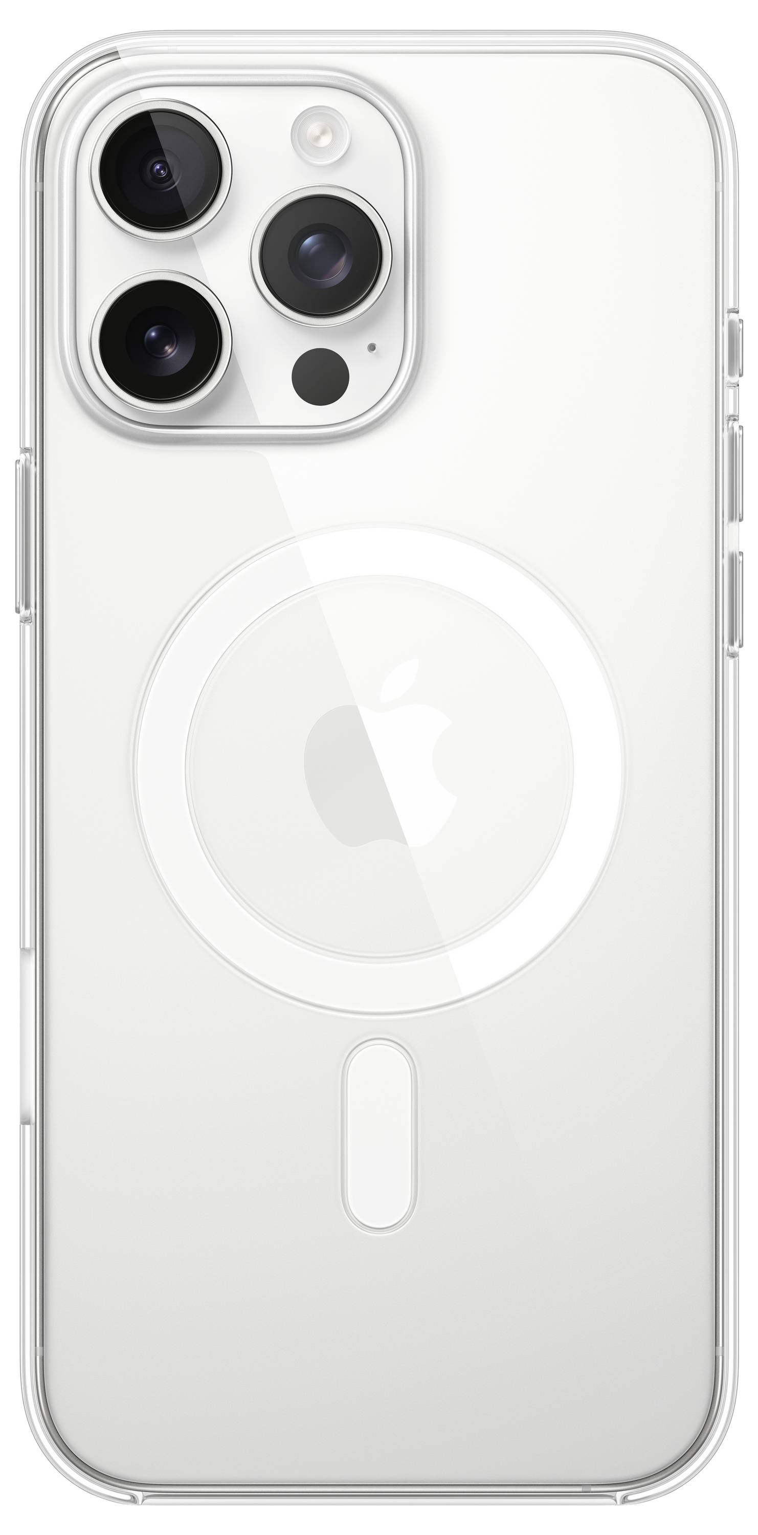 Smartphone mit drei Kameras und hellem Gehäuse, zeigt das Apple-Logo und MagSafe-Kreismuster. Rückansicht auf weißem Hintergrund.
