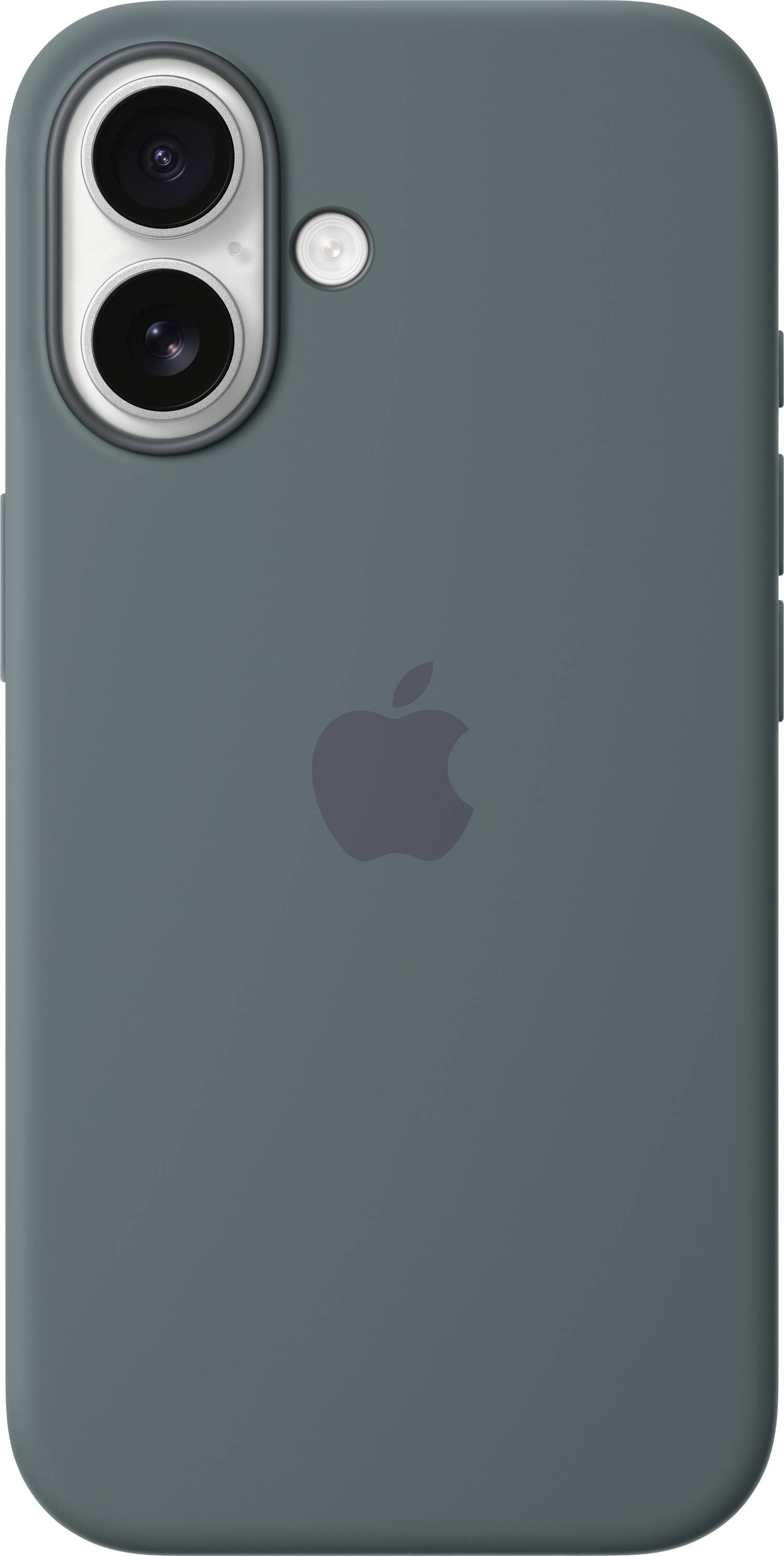 Ein Smartphone mit einer dunkelgrünen Hülle, zeigt zwei Kameralinsen und das Apple-Logo auf der Rückseite.